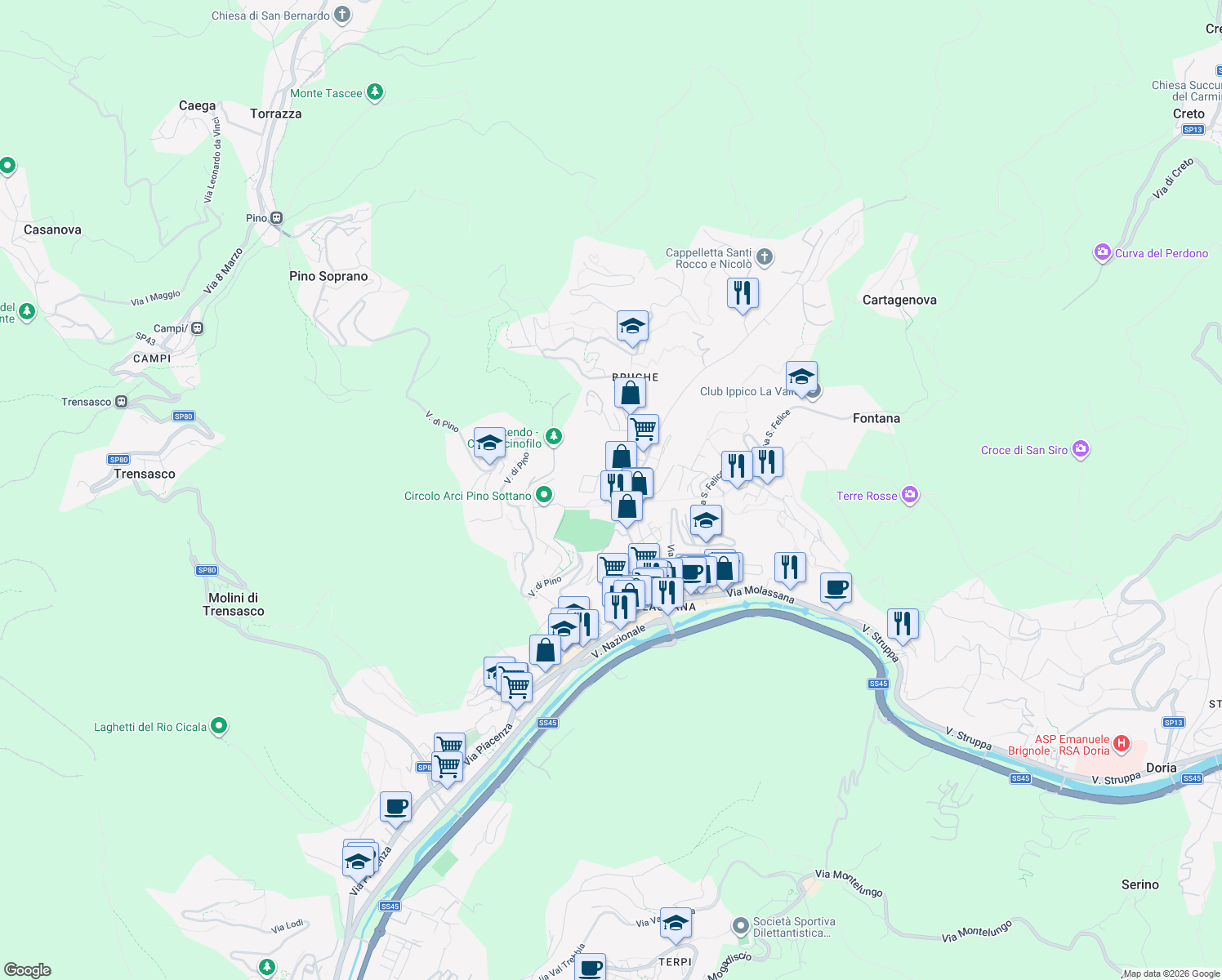 map of restaurants, bars, coffee shops, grocery stores, and more near 2 Salita di Pino Sottano in Genova