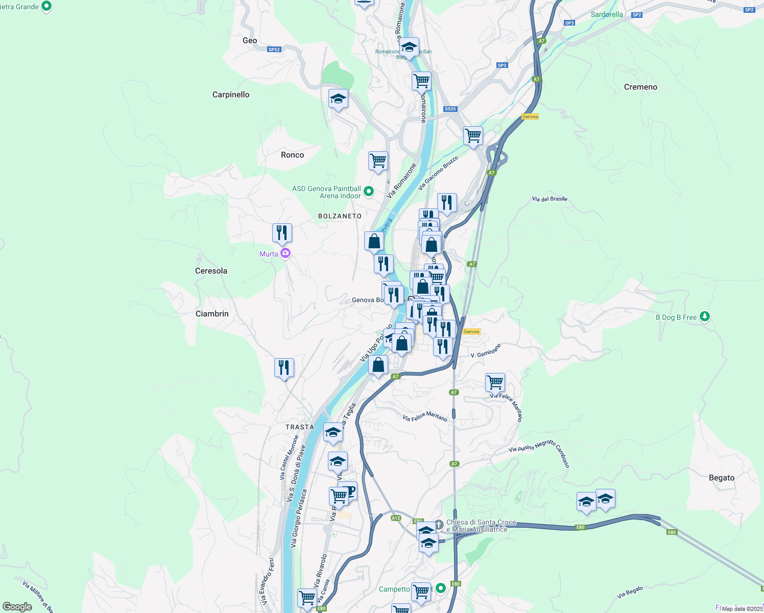 map of restaurants, bars, coffee shops, grocery stores, and more near 5 R Via Antonietta Massuccone Mazzini in Genova