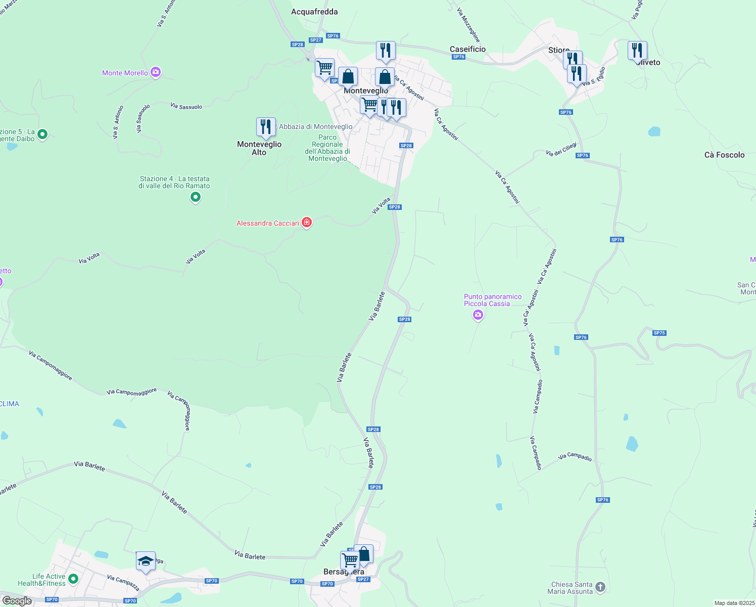 map of restaurants, bars, coffee shops, grocery stores, and more near 2 Via Barlete in Monteveglio