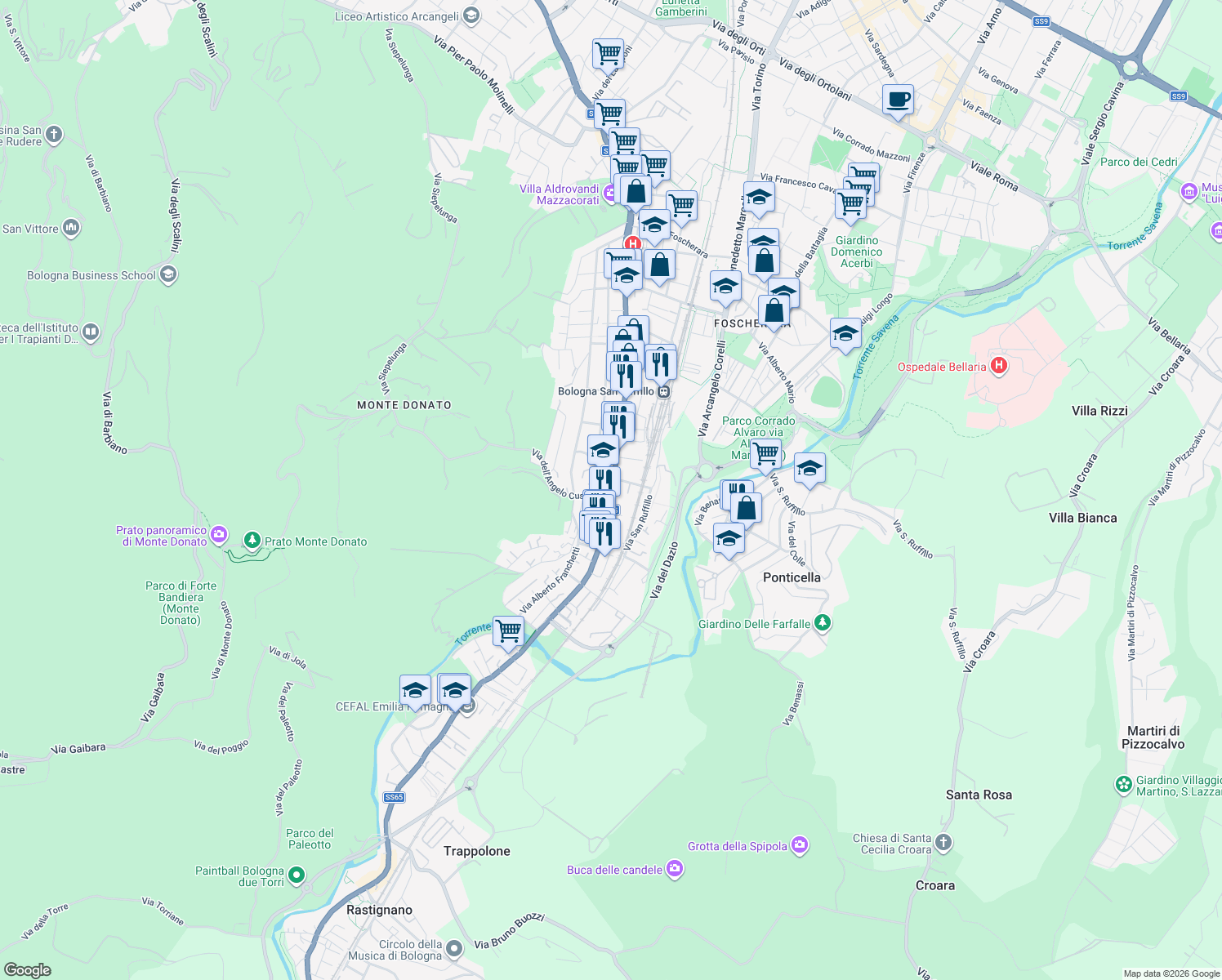 map of restaurants, bars, coffee shops, grocery stores, and more near Via Toscana in Bologna