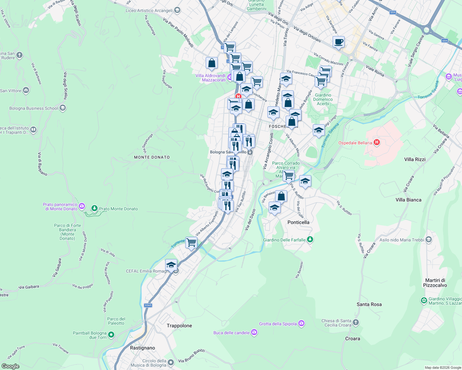 map of restaurants, bars, coffee shops, grocery stores, and more near 2 Via dell'Angelo Custode in Bologna
