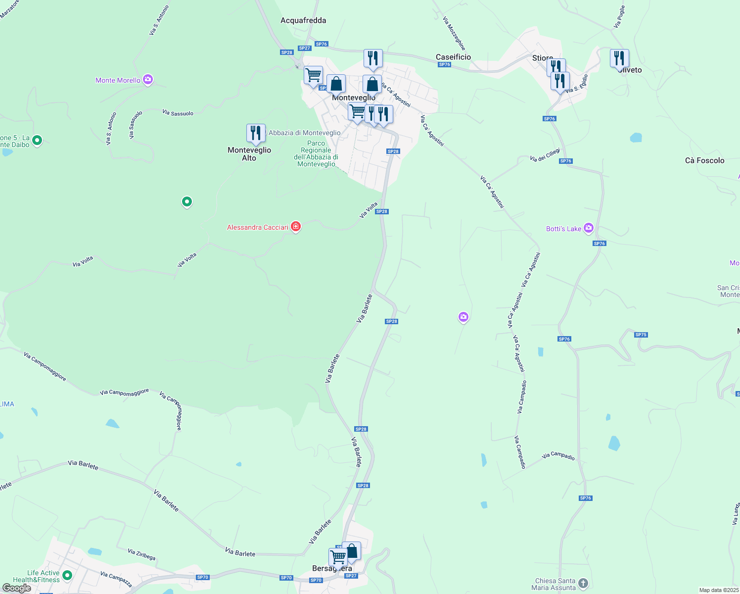 map of restaurants, bars, coffee shops, grocery stores, and more near 2 Via Barlete in Monteveglio
