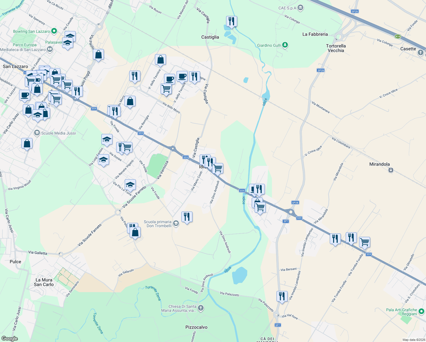 map of restaurants, bars, coffee shops, grocery stores, and more near 327 Via Emilia in San Lazzaro di Savena