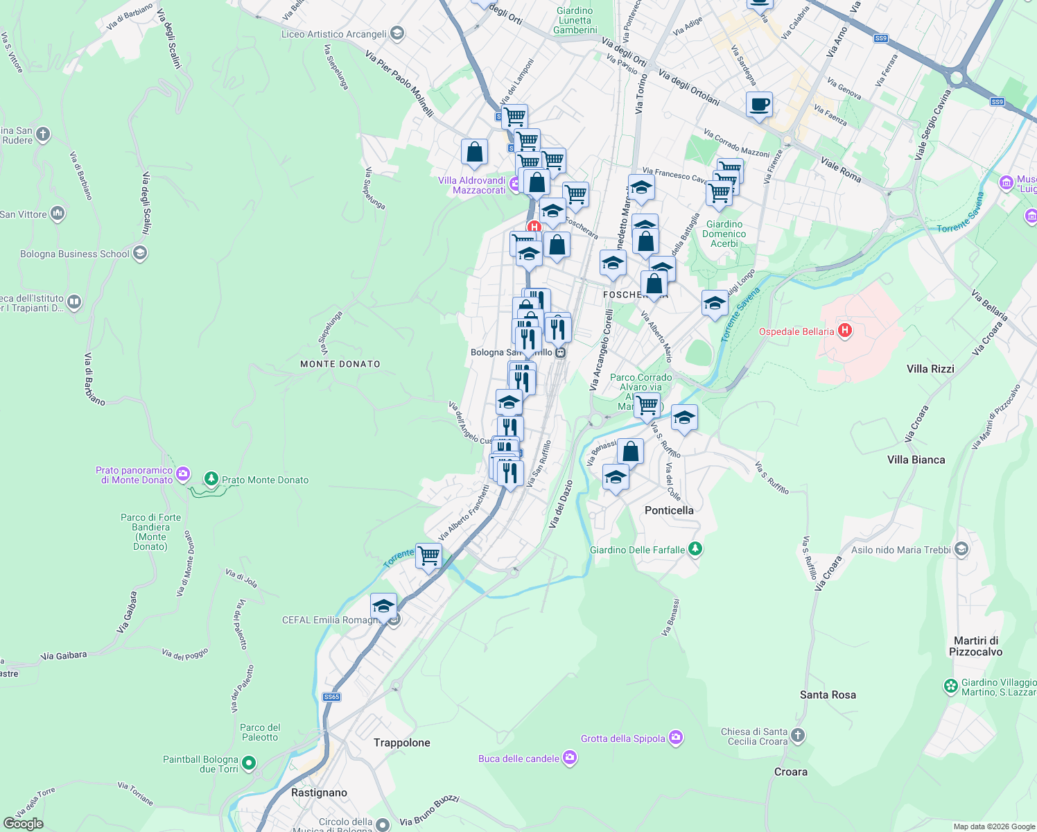 map of restaurants, bars, coffee shops, grocery stores, and more near 2 Via dell'Angelo Custode in Bologna