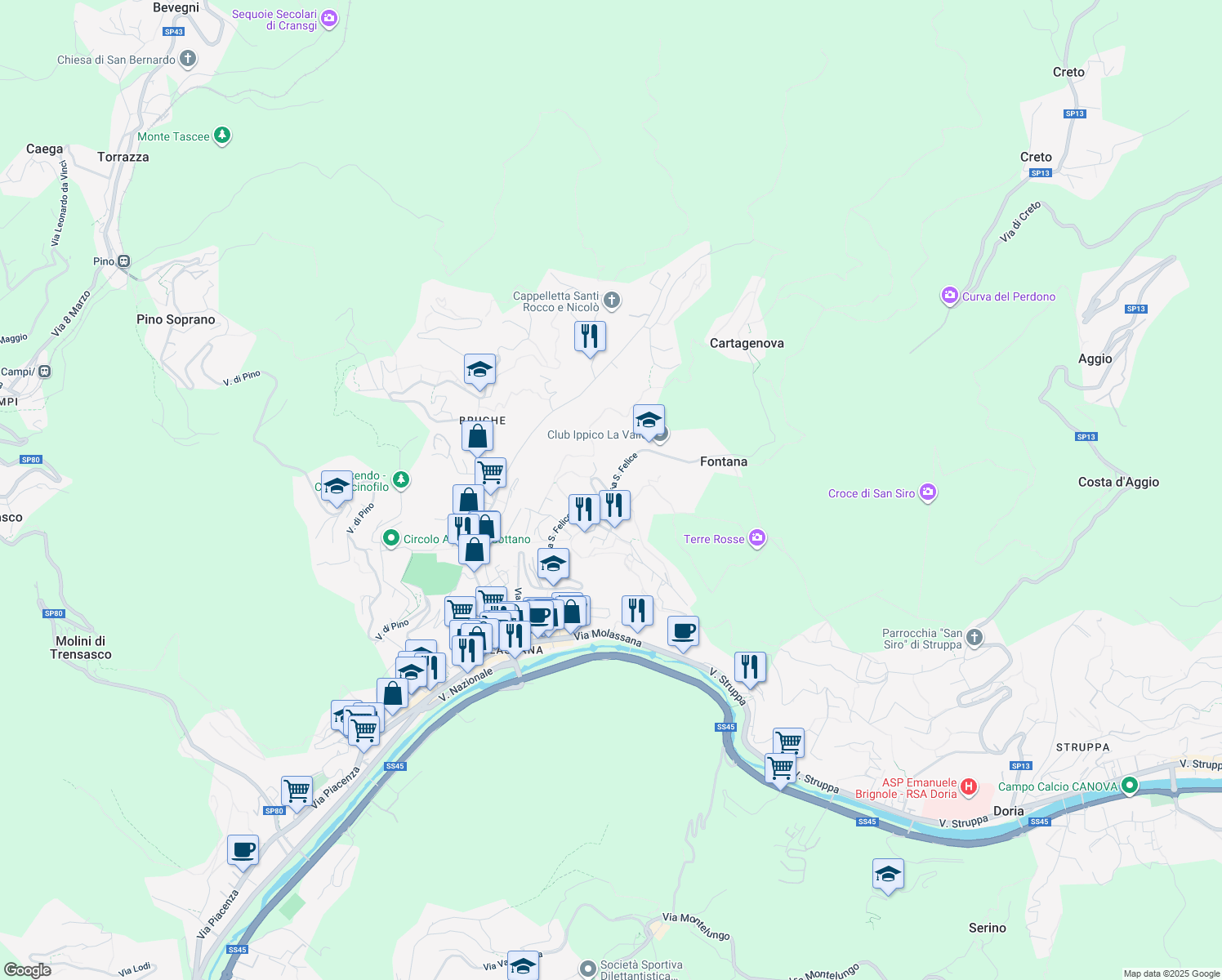map of restaurants, bars, coffee shops, grocery stores, and more near 41 Via San Felice in Genova