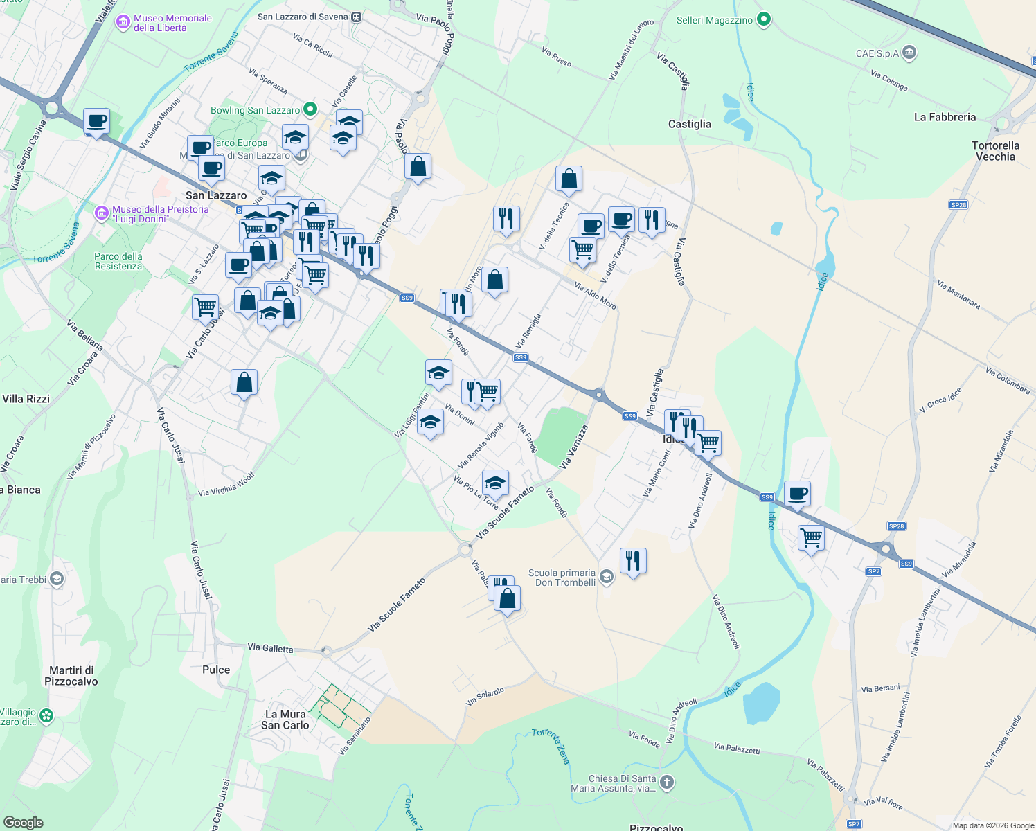 map of restaurants, bars, coffee shops, grocery stores, and more near 23 Via Fondè in San Lazzaro di Savena