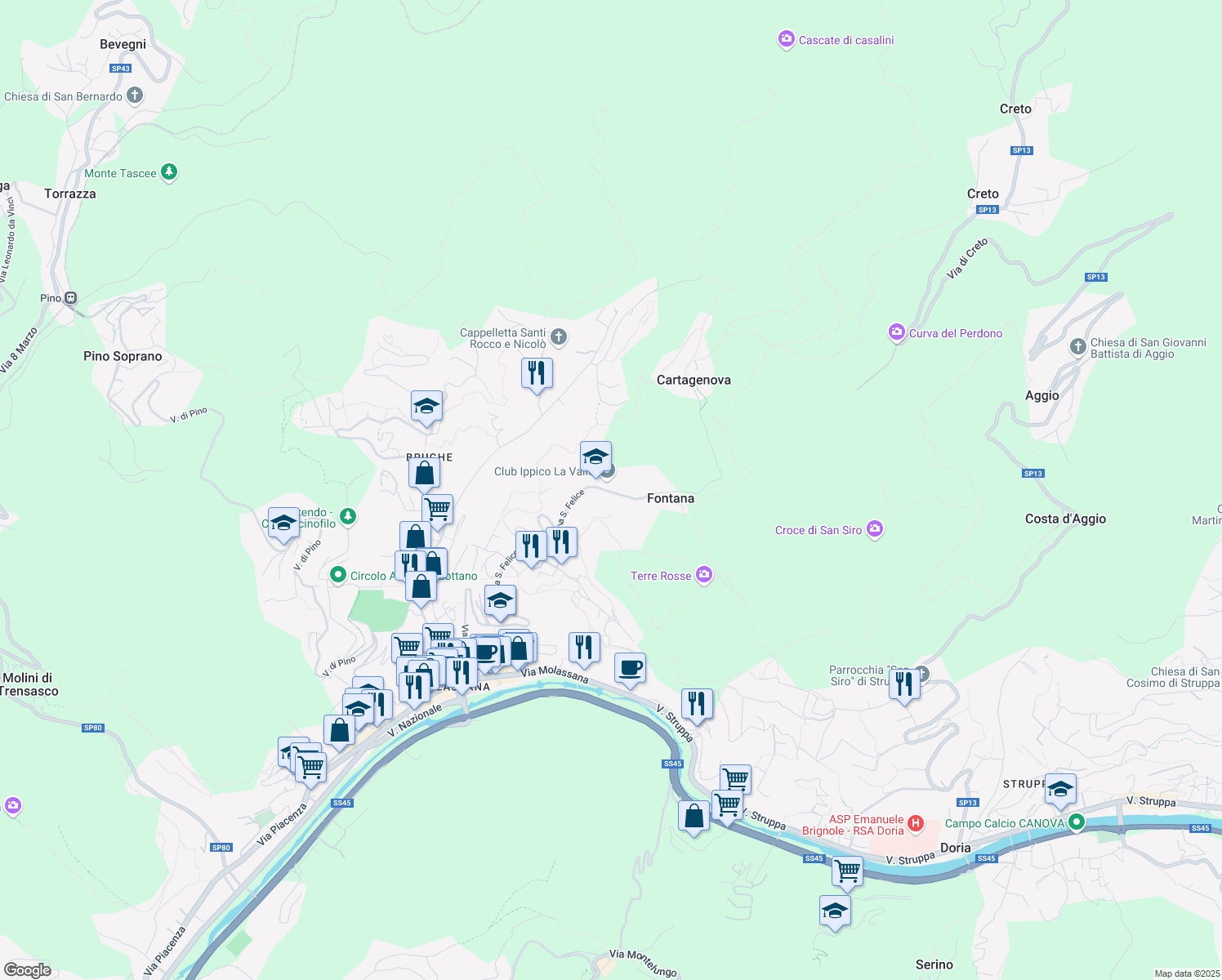 map of restaurants, bars, coffee shops, grocery stores, and more near 122 Via San Felice in Genova