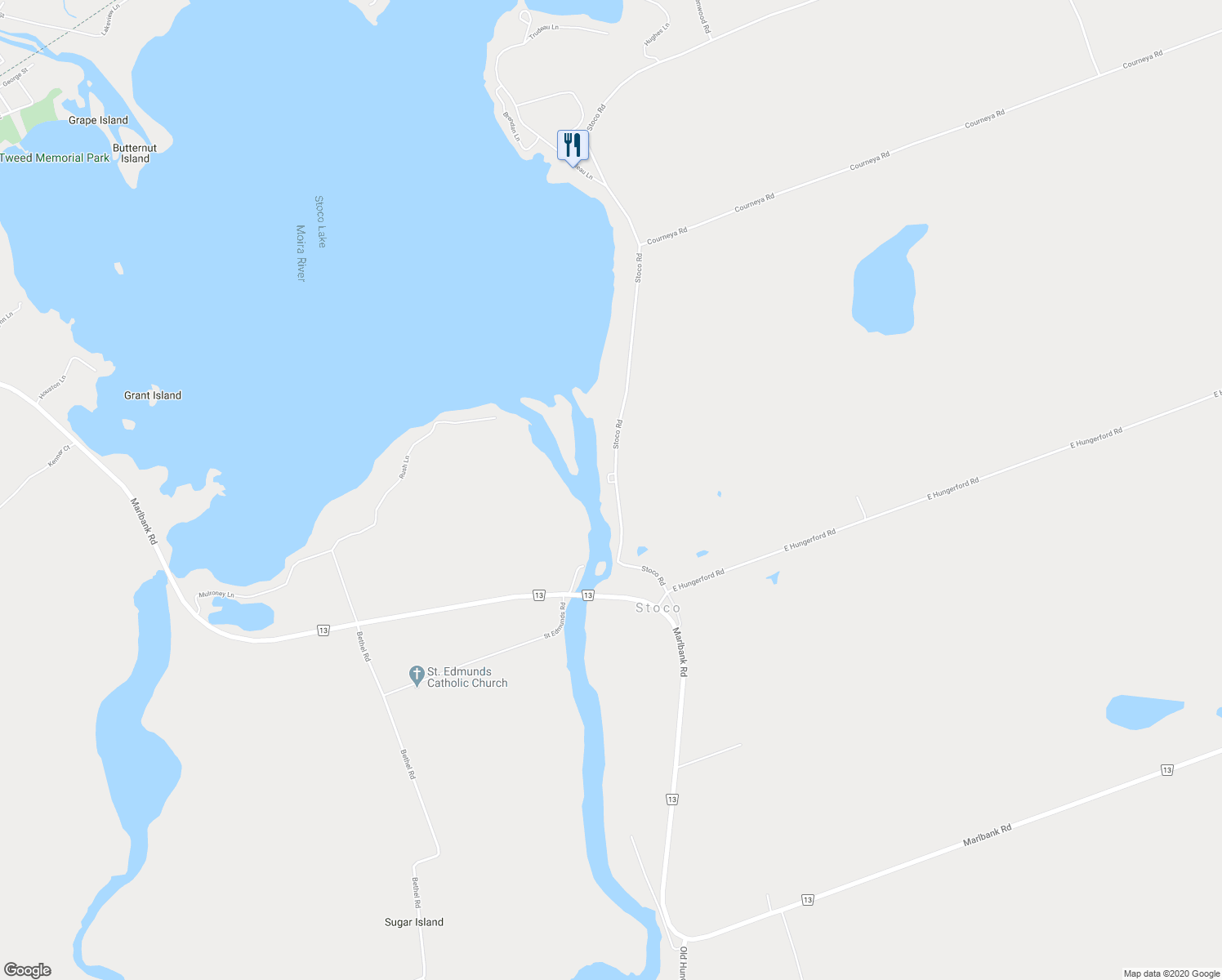 map of restaurants, bars, coffee shops, grocery stores, and more near 121 Stoco Road in Tweed