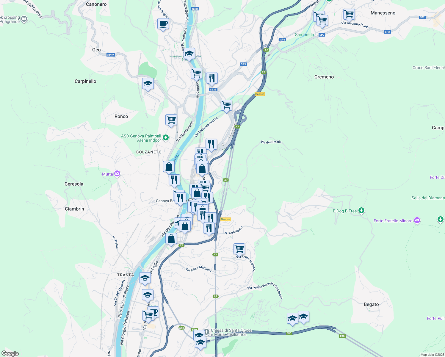 map of restaurants, bars, coffee shops, grocery stores, and more near 136/1 Via Campodonico in Genova