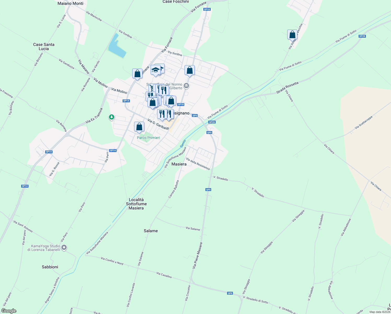 map of restaurants, bars, coffee shops, grocery stores, and more near 9A Via Liverani in Masiera