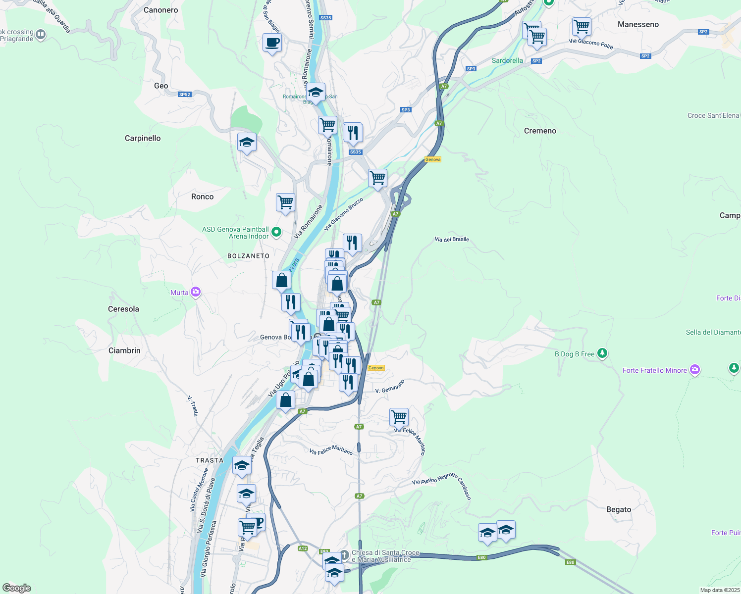 map of restaurants, bars, coffee shops, grocery stores, and more near 136/1 Via Campodonico in Genova