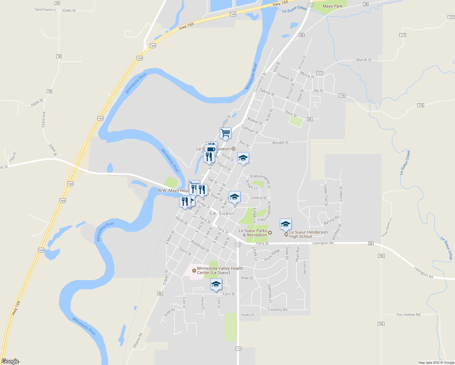 map of restaurants, bars, coffee shops, grocery stores, and more near 311 North 3rd Street in Le Sueur