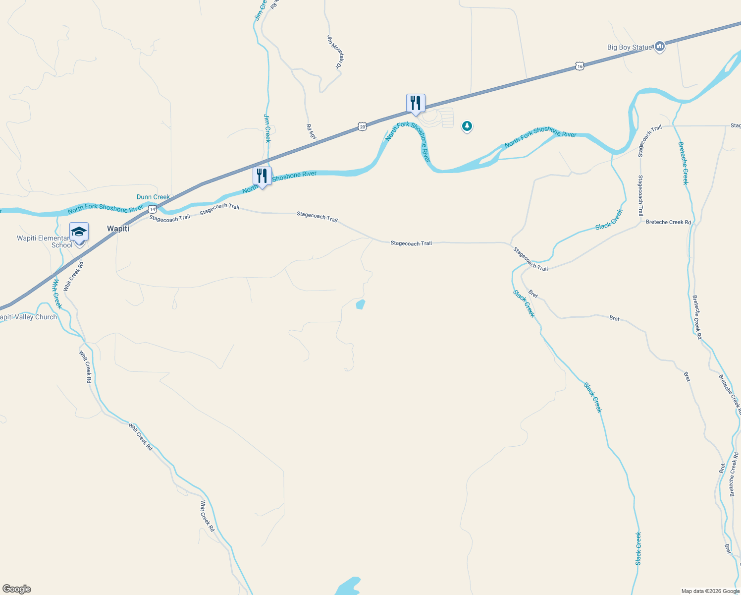 map of restaurants, bars, coffee shops, grocery stores, and more near 24 Hedrick Spring Road in Cody