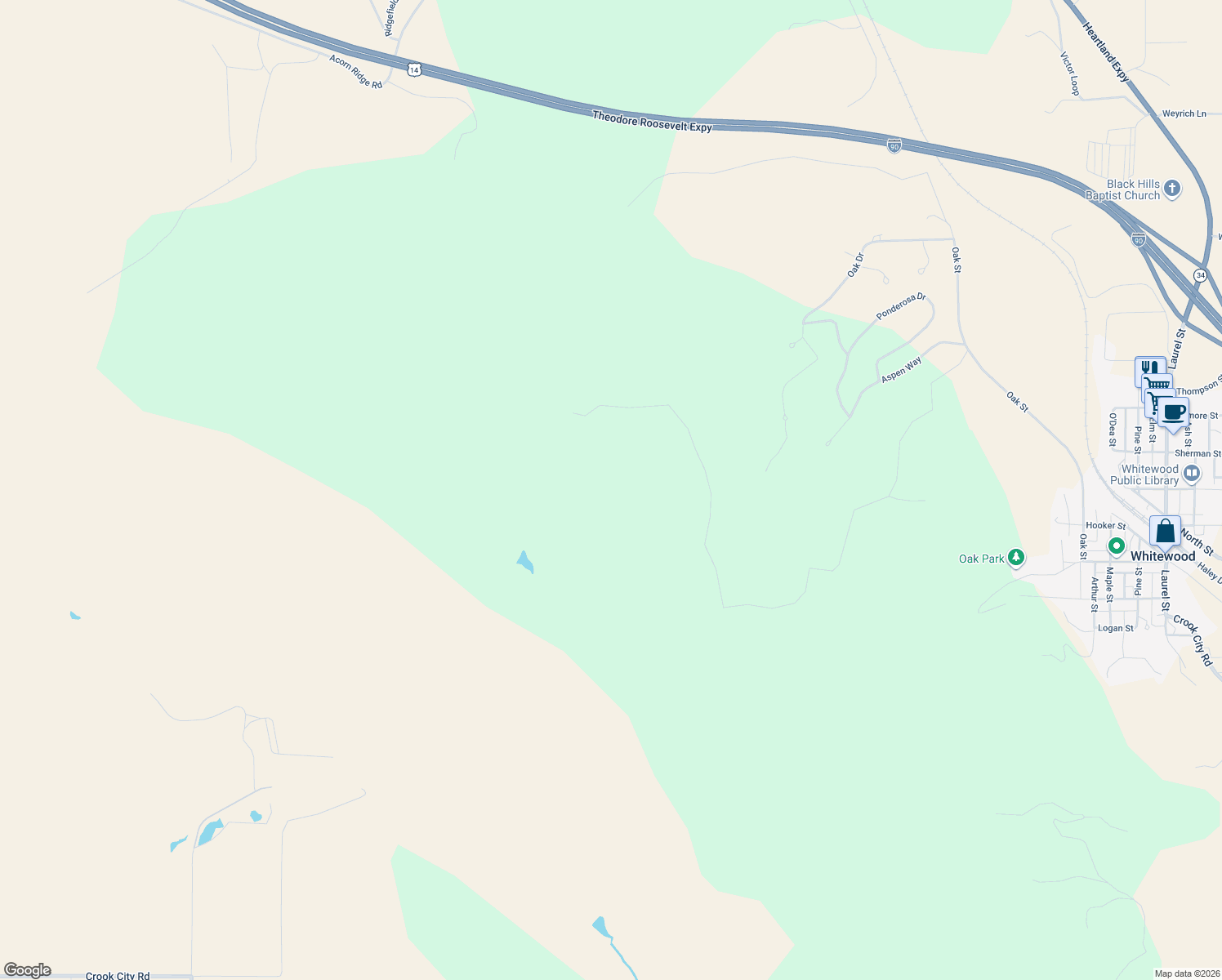 map of restaurants, bars, coffee shops, grocery stores, and more near in Whitewood