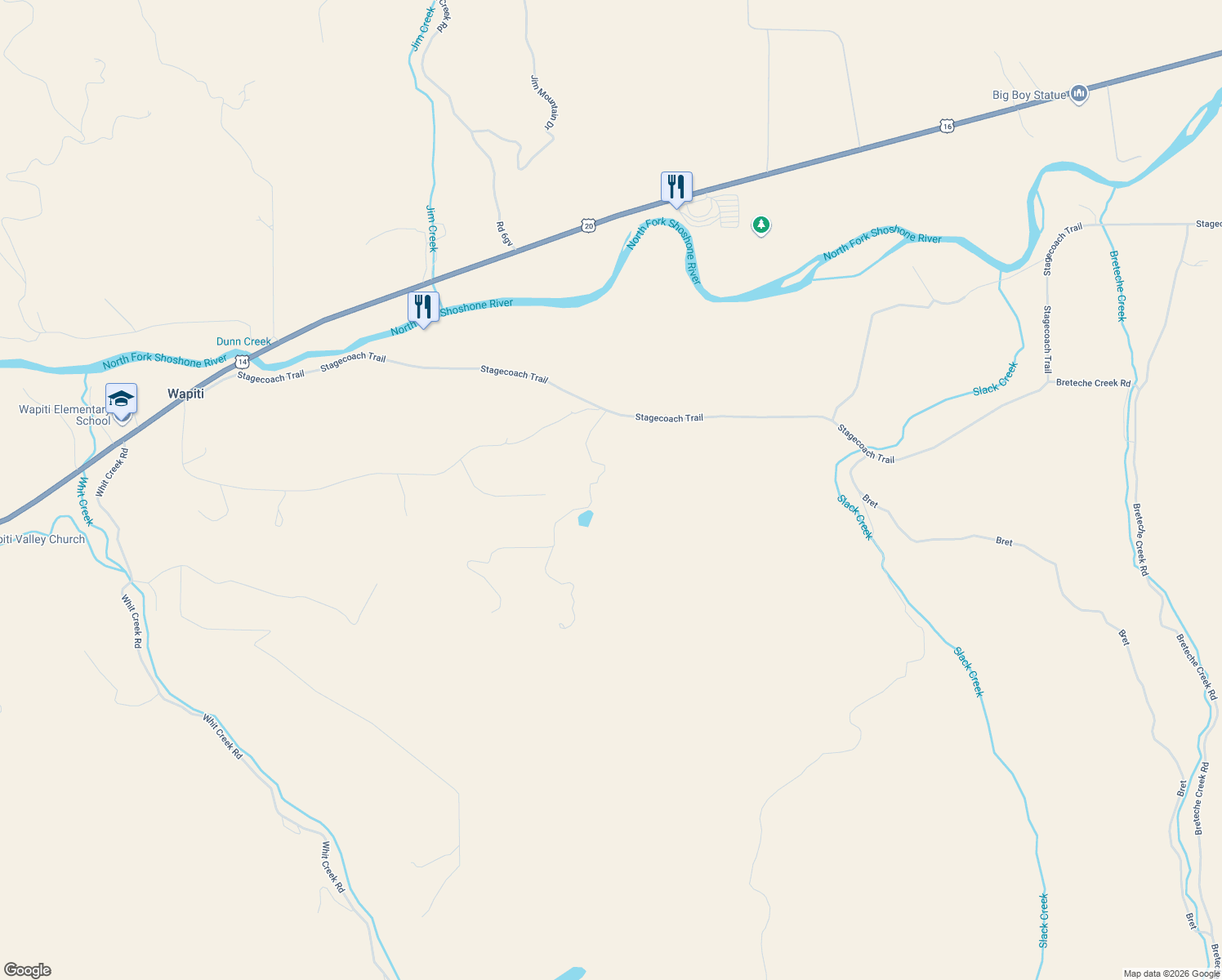 map of restaurants, bars, coffee shops, grocery stores, and more near 24 Hedrick Spring Road in Cody