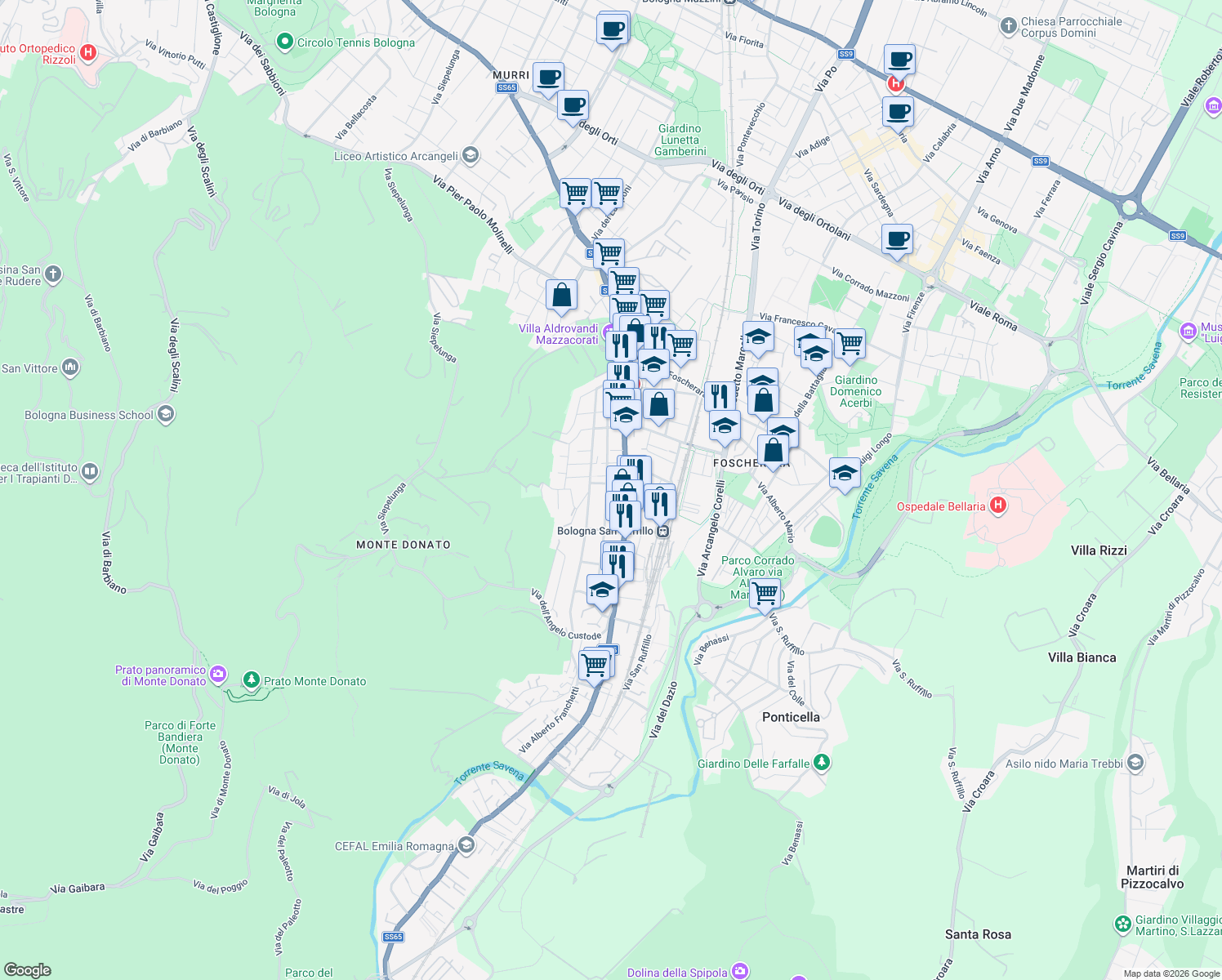 map of restaurants, bars, coffee shops, grocery stores, and more near 2 Via Antonio Labriola in Bologna