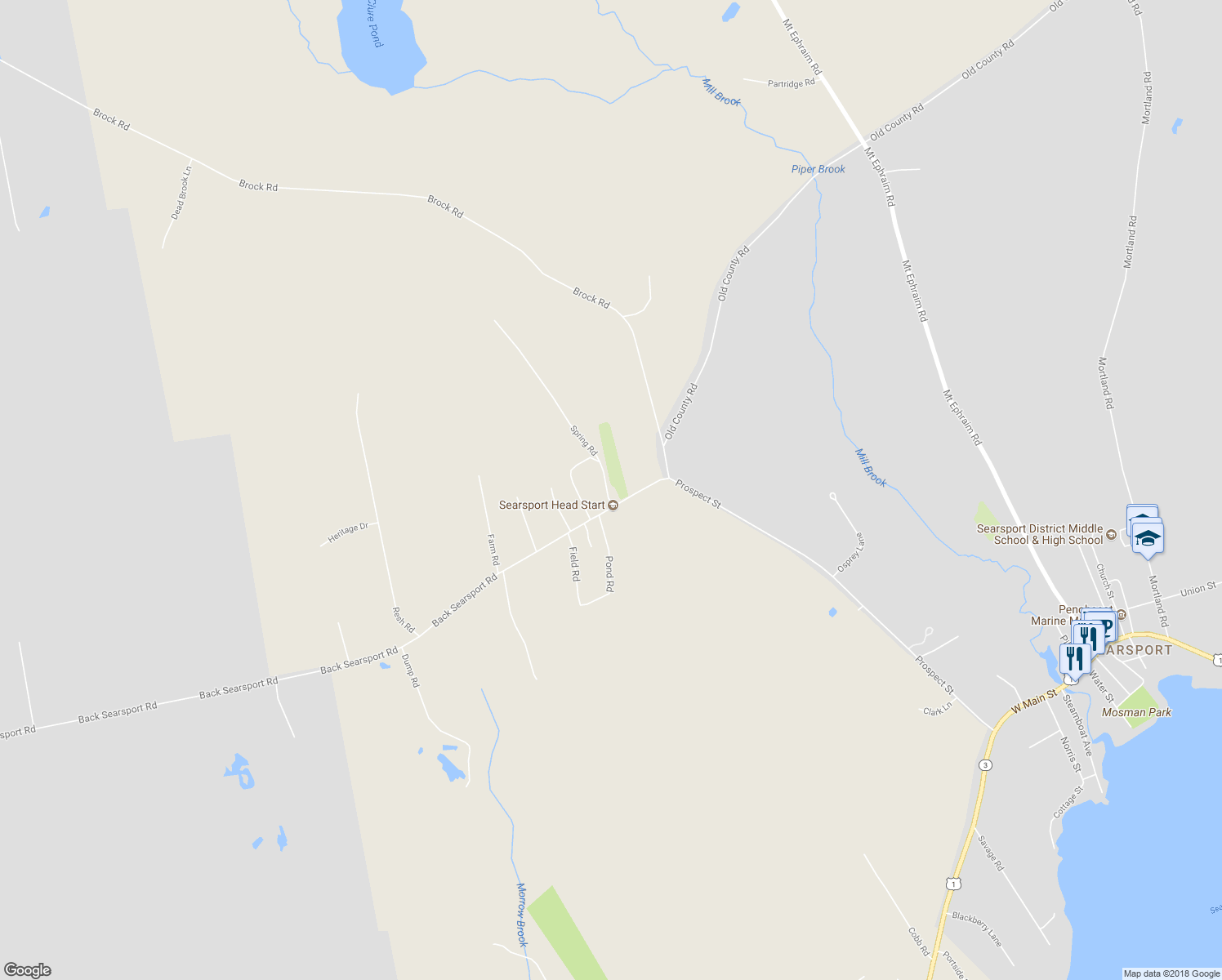 map of restaurants, bars, coffee shops, grocery stores, and more near 8 Center Road in Searsport