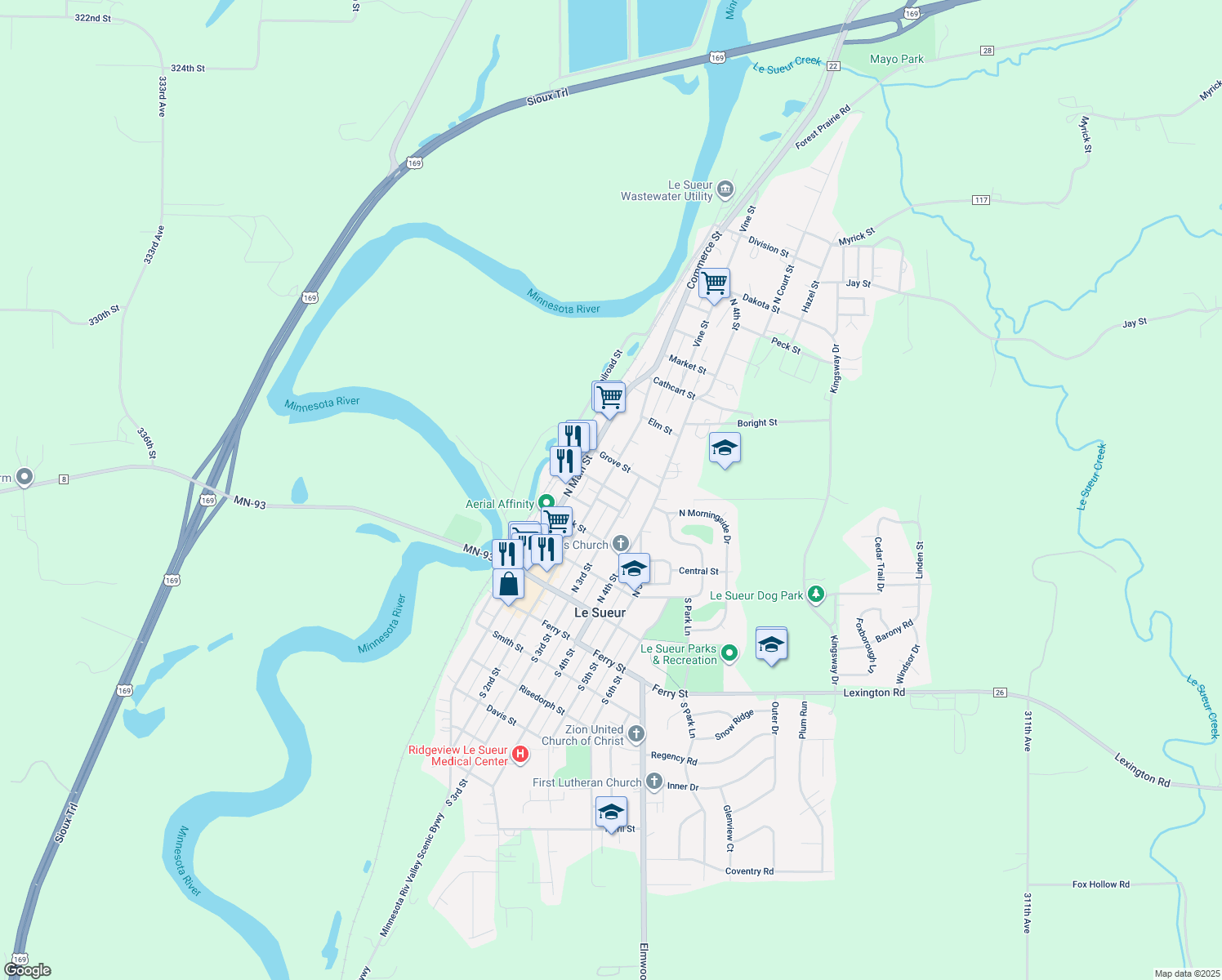 map of restaurants, bars, coffee shops, grocery stores, and more near 221 Church St in Le Sueur