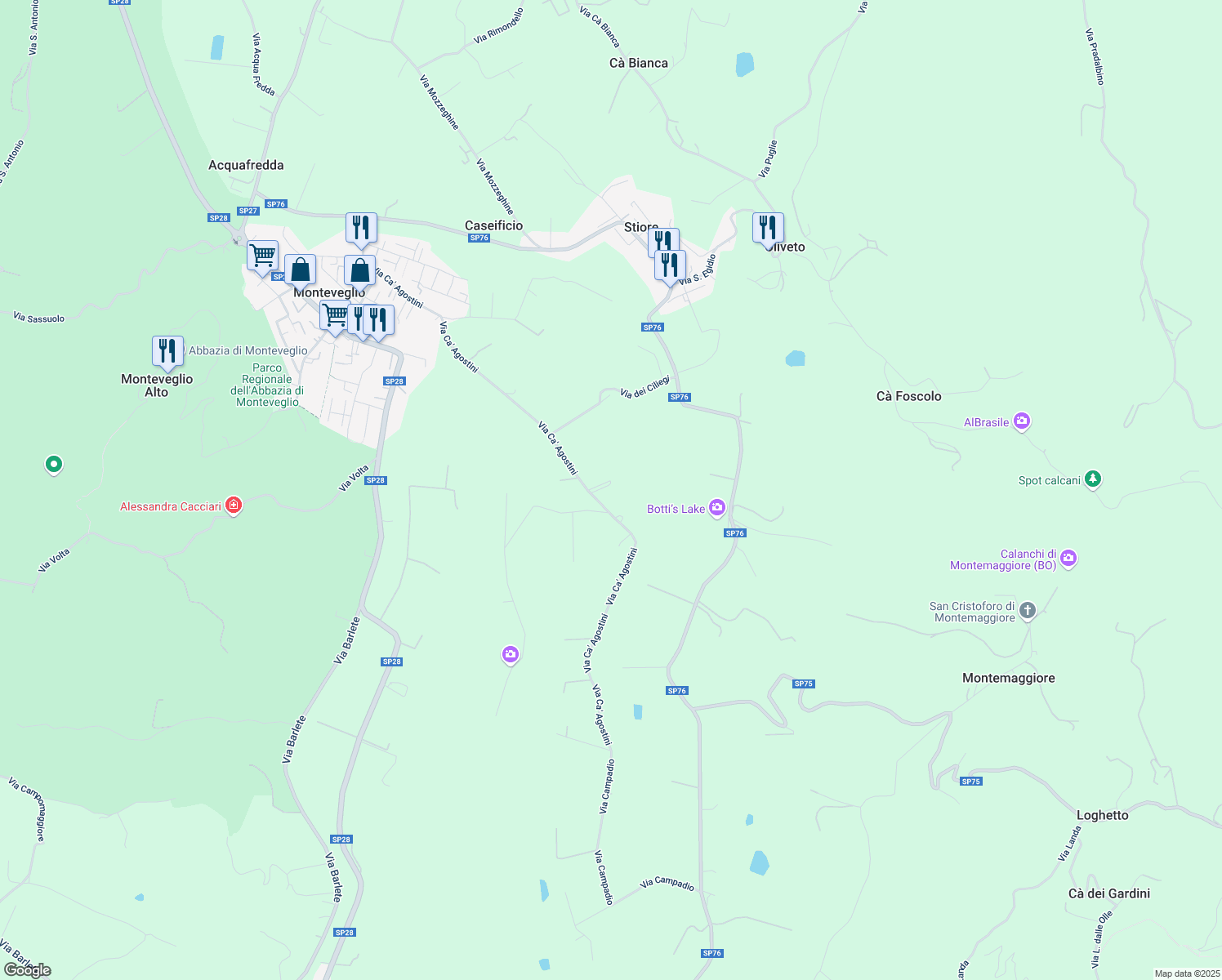 map of restaurants, bars, coffee shops, grocery stores, and more near 27 Via Ca' Agostini in Monteveglio