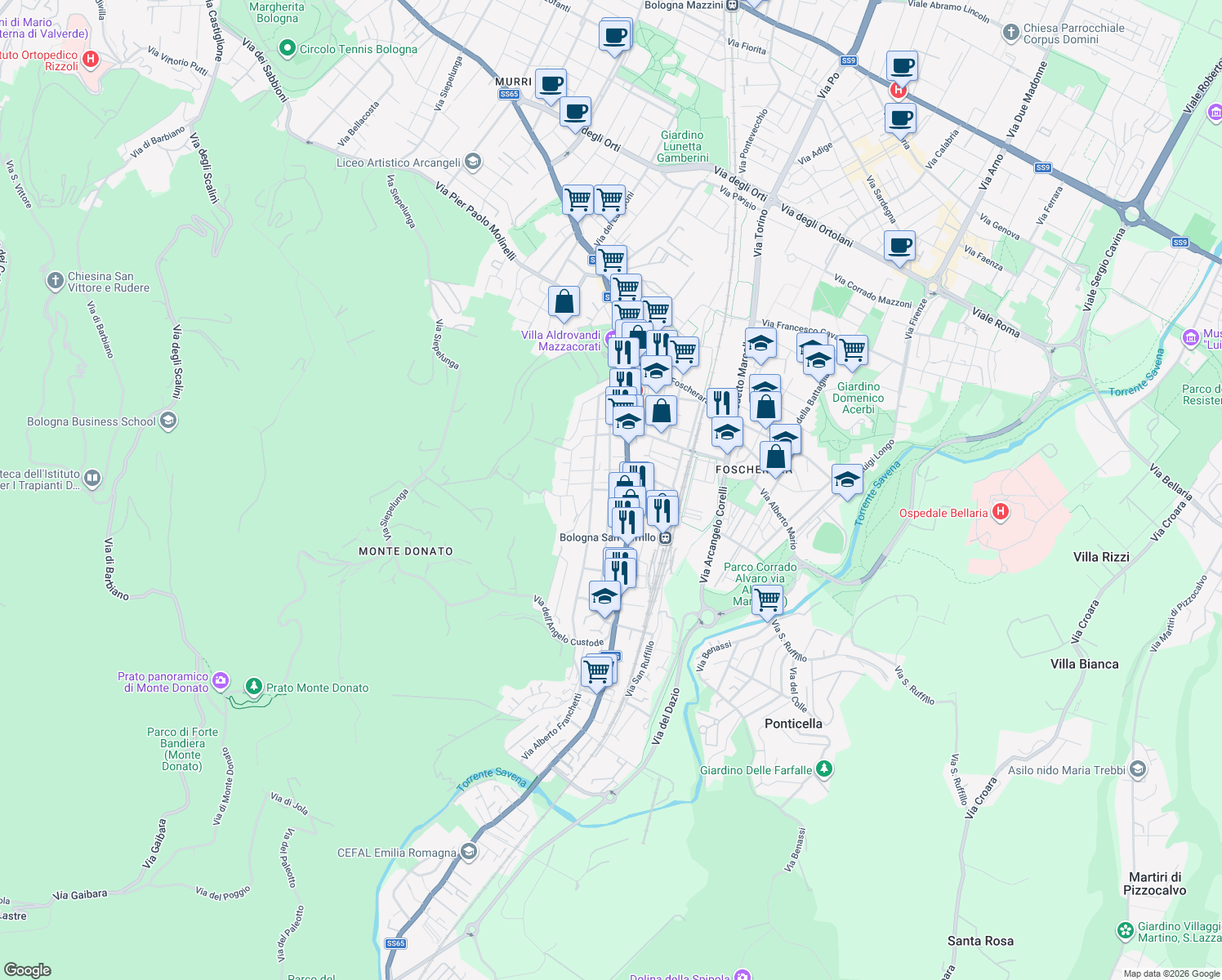 map of restaurants, bars, coffee shops, grocery stores, and more near 2 Via Antonio Labriola in Bologna