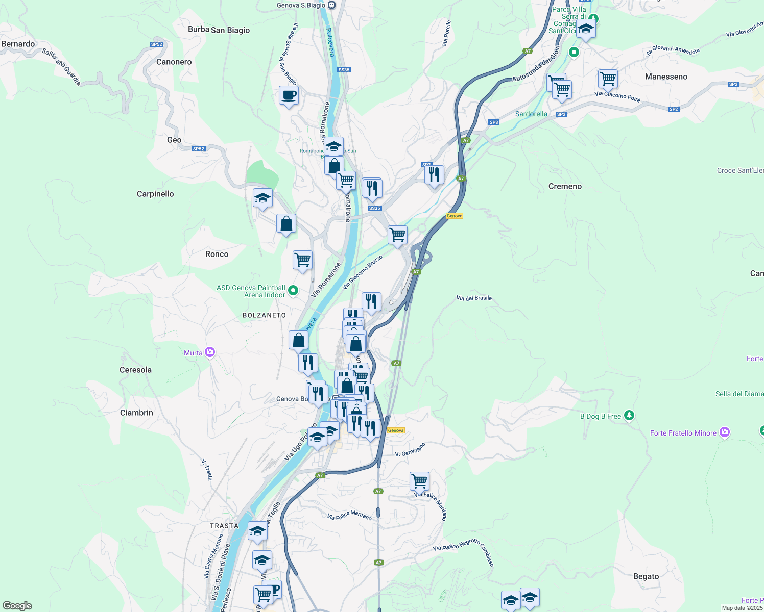 map of restaurants, bars, coffee shops, grocery stores, and more near 9346 Via Giuseppe Colano in Genova
