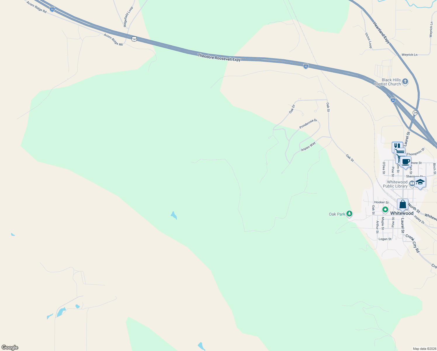 map of restaurants, bars, coffee shops, grocery stores, and more near Oak Drive in Whitewood