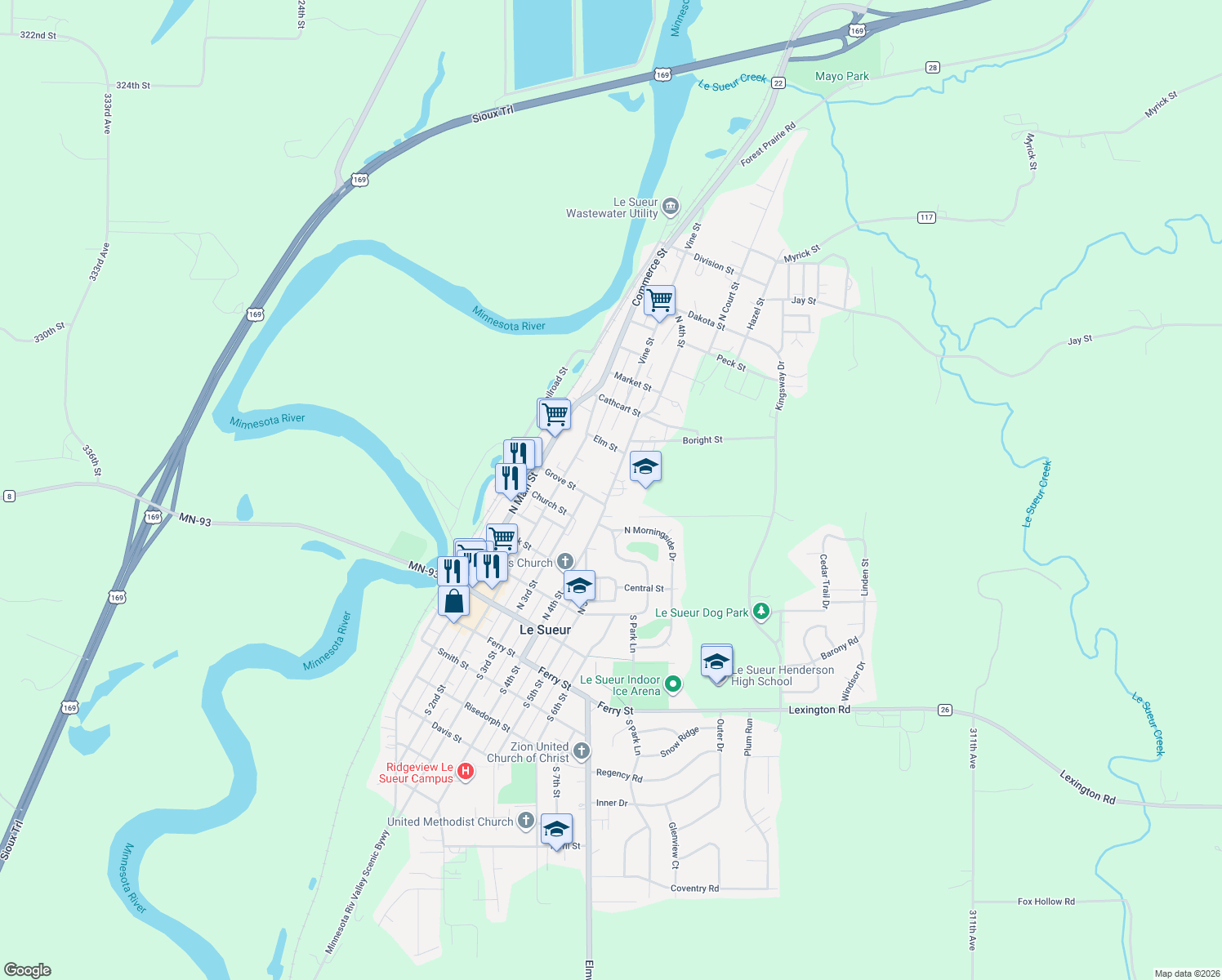 map of restaurants, bars, coffee shops, grocery stores, and more near 522 N 4th St in Le Sueur