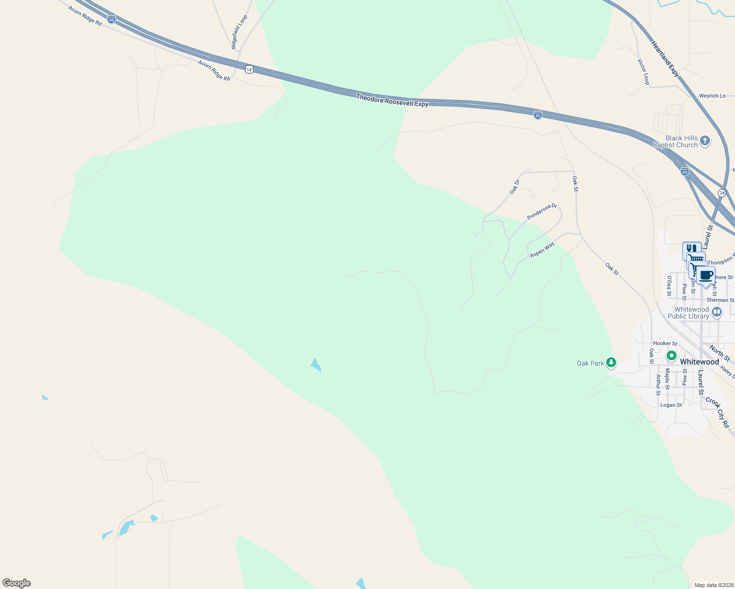 map of restaurants, bars, coffee shops, grocery stores, and more near in Whitewood