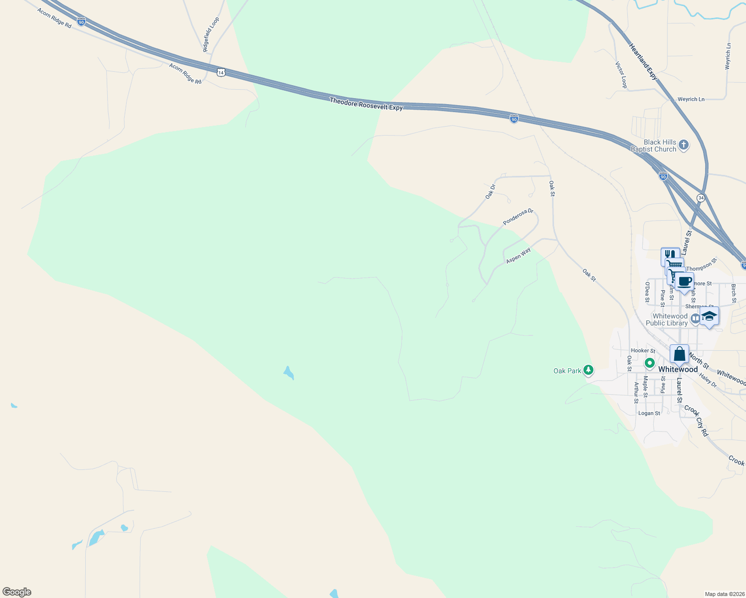 map of restaurants, bars, coffee shops, grocery stores, and more near in Whitewood