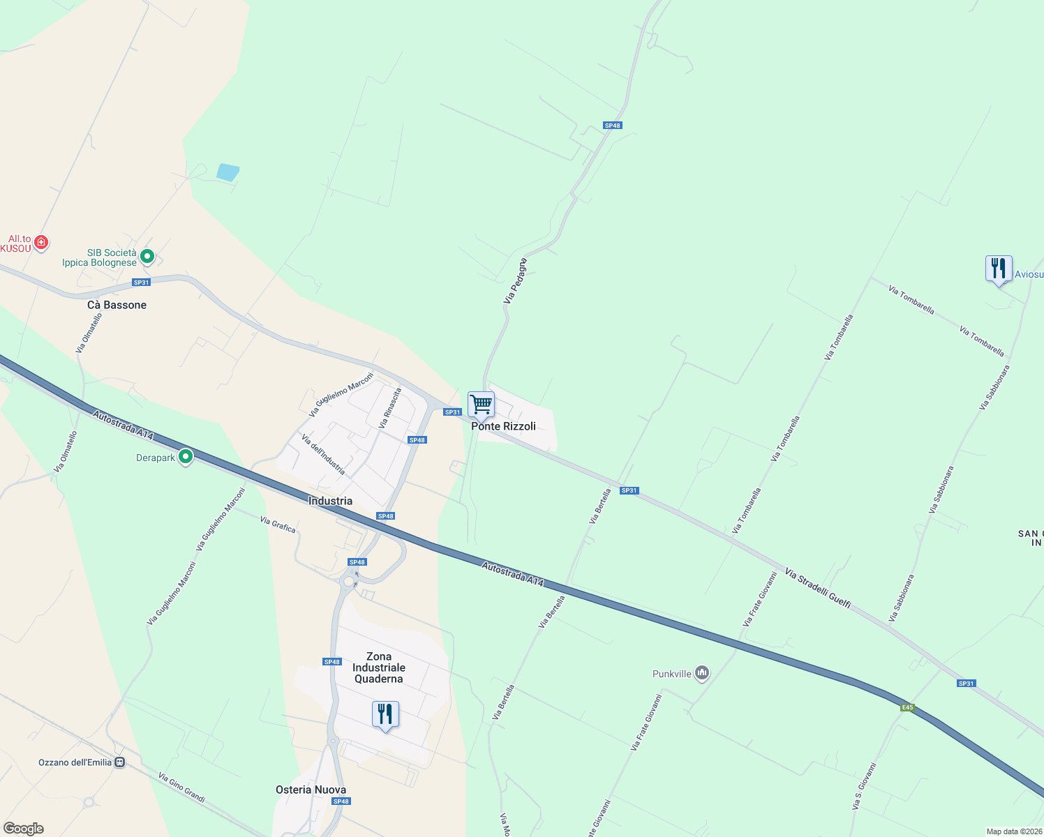 map of restaurants, bars, coffee shops, grocery stores, and more near 11 Via Verde in Ponte Rizzoli