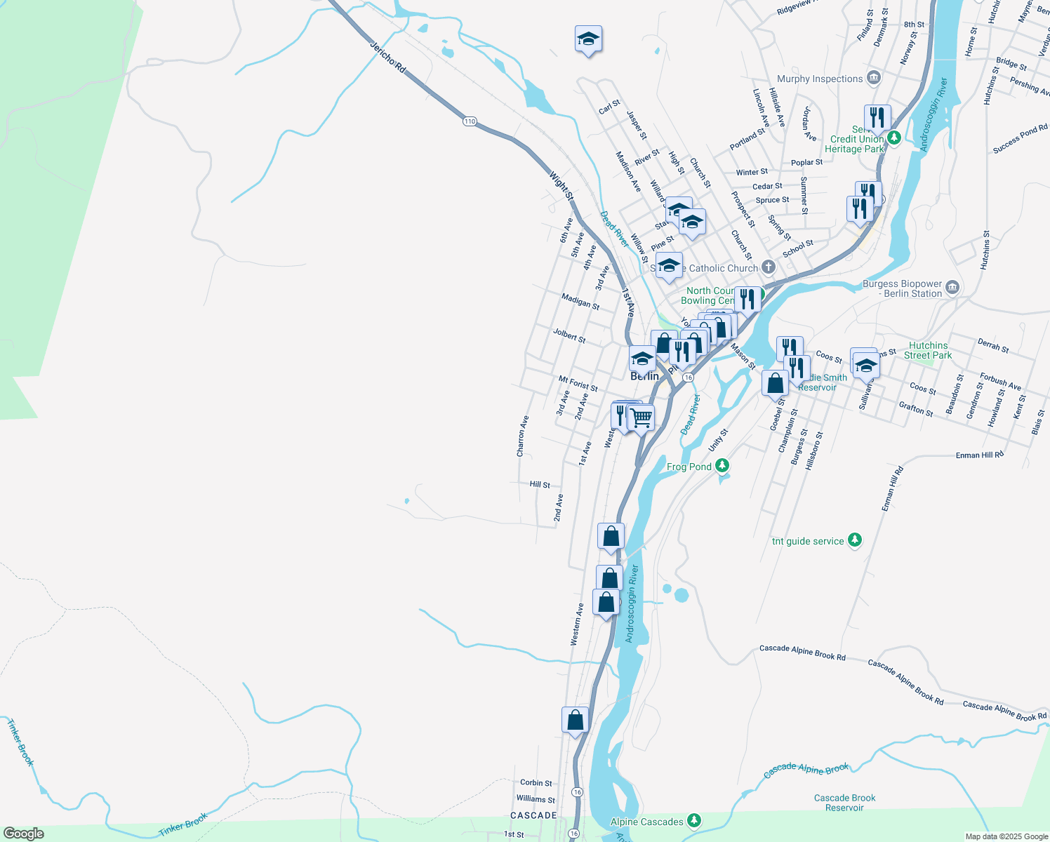 map of restaurants, bars, coffee shops, grocery stores, and more near 63 Charron Avenue in Berlin