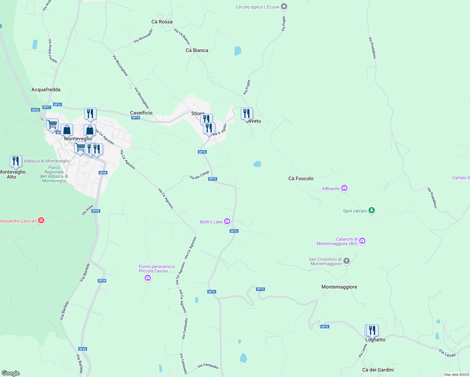 map of restaurants, bars, coffee shops, grocery stores, and more near 15 Via Palazzetto in Monteveglio