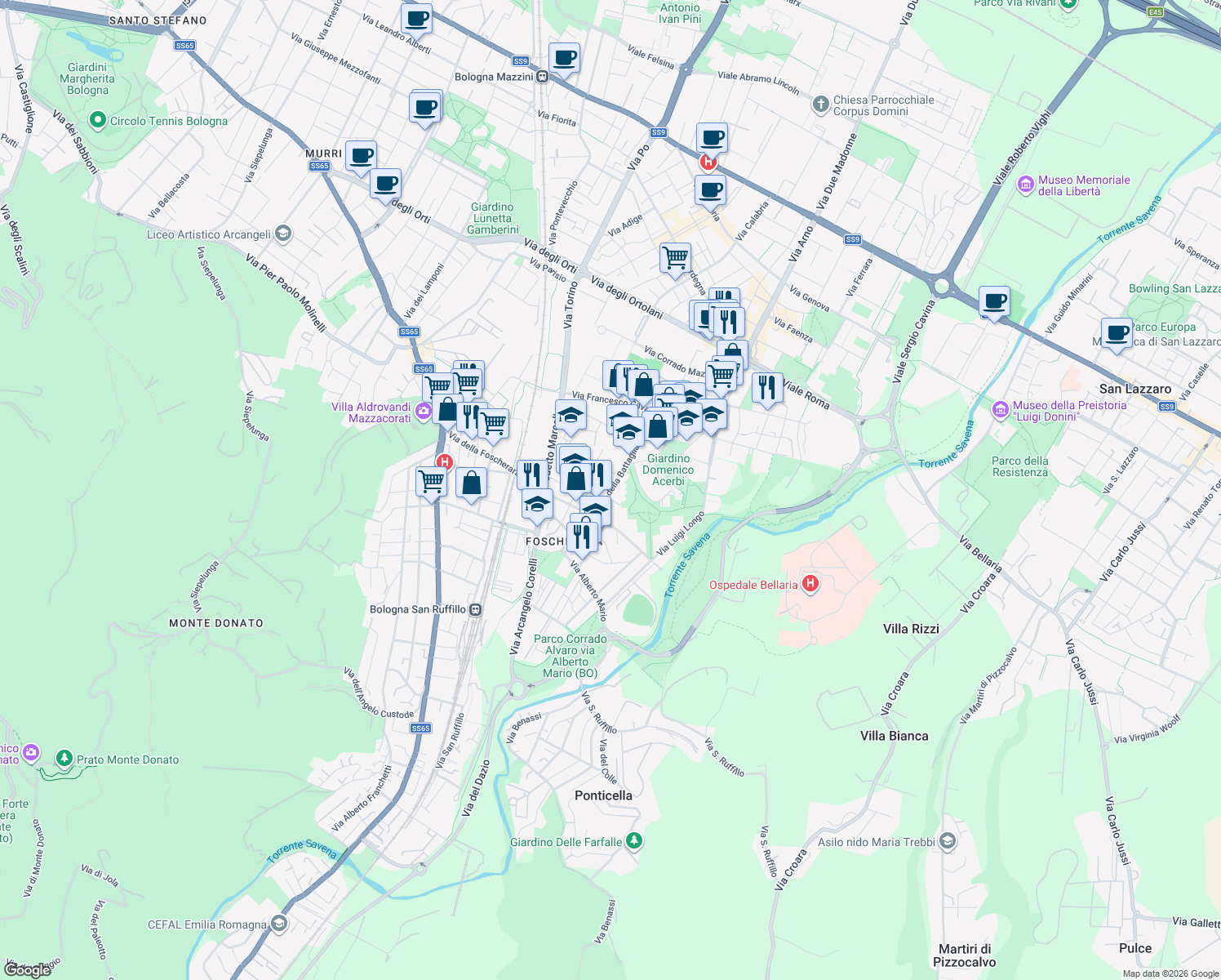 map of restaurants, bars, coffee shops, grocery stores, and more near 10 Via della Battaglia in Bologna