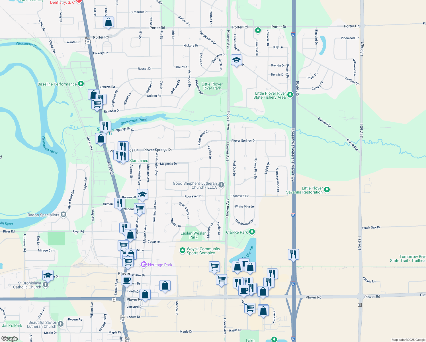 map of restaurants, bars, coffee shops, grocery stores, and more near 2000 Easlan Drive in Plover