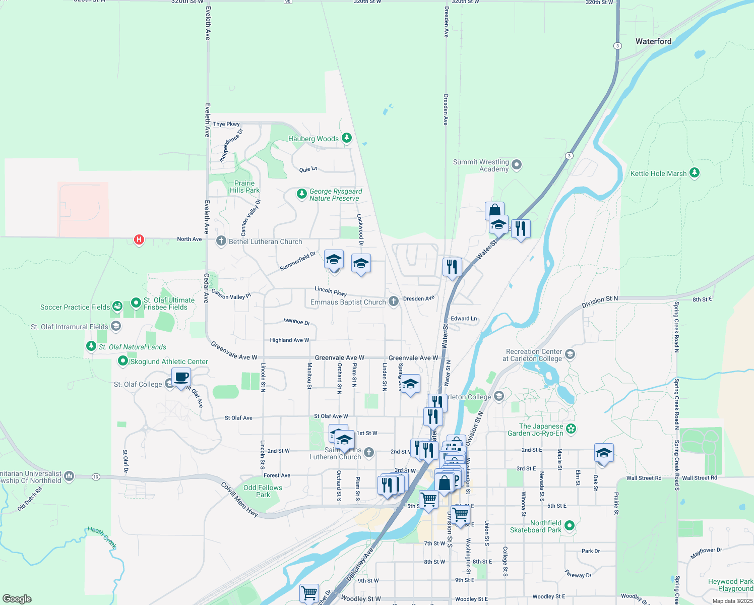 map of restaurants, bars, coffee shops, grocery stores, and more near 404 Juniper Avenue West in Northfield