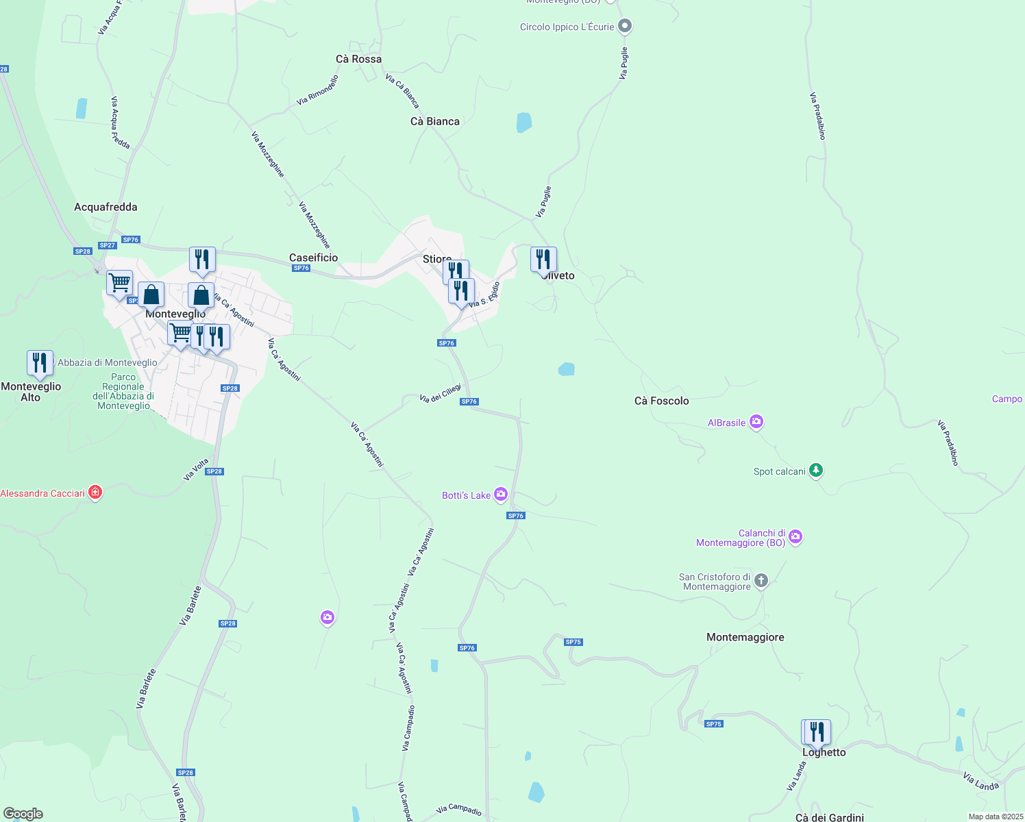 map of restaurants, bars, coffee shops, grocery stores, and more near 15 Via Palazzetto in Monteveglio