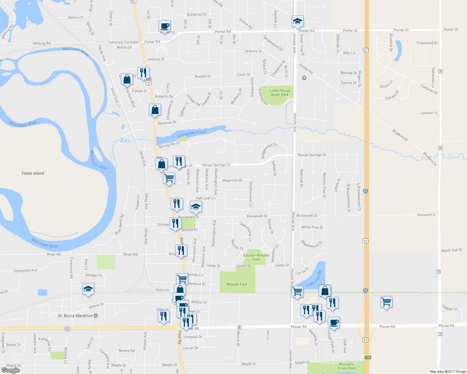 map of restaurants, bars, coffee shops, grocery stores, and more near 2441 Shadow View Circle in Plover