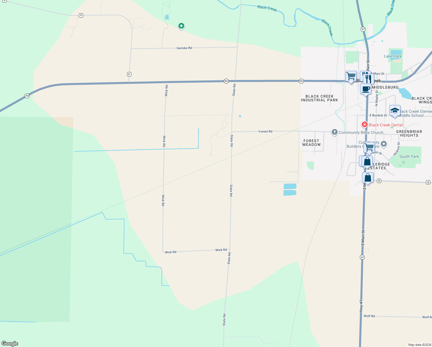 map of restaurants, bars, coffee shops, grocery stores, and more near N6323 State Road in Black Creek