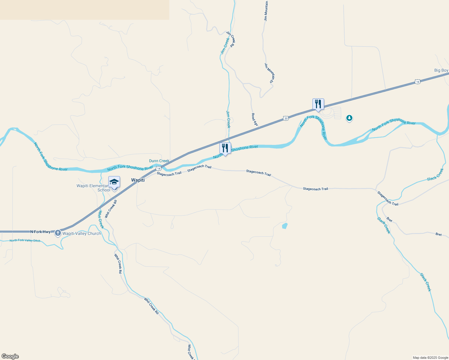 map of restaurants, bars, coffee shops, grocery stores, and more near 66 Stagecoach Trail in Cody