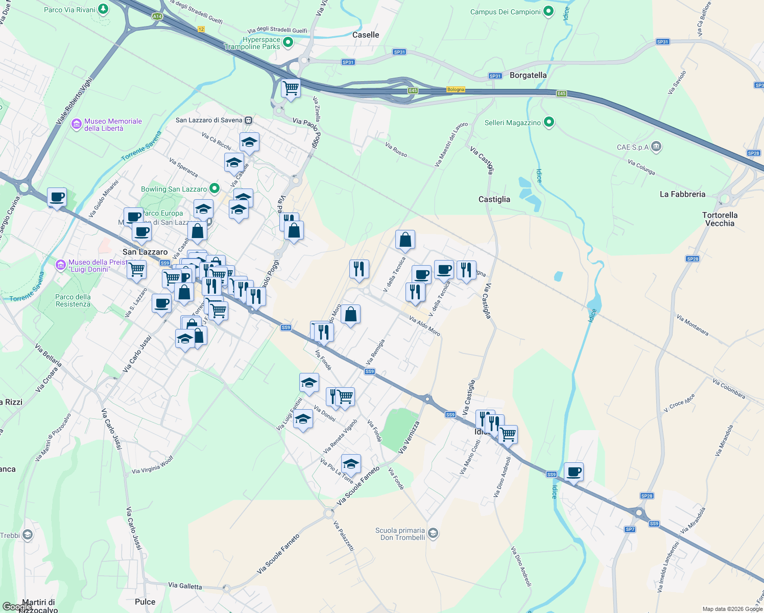 map of restaurants, bars, coffee shops, grocery stores, and more near 44 Via Aldo Moro in San Lazzaro di Savena