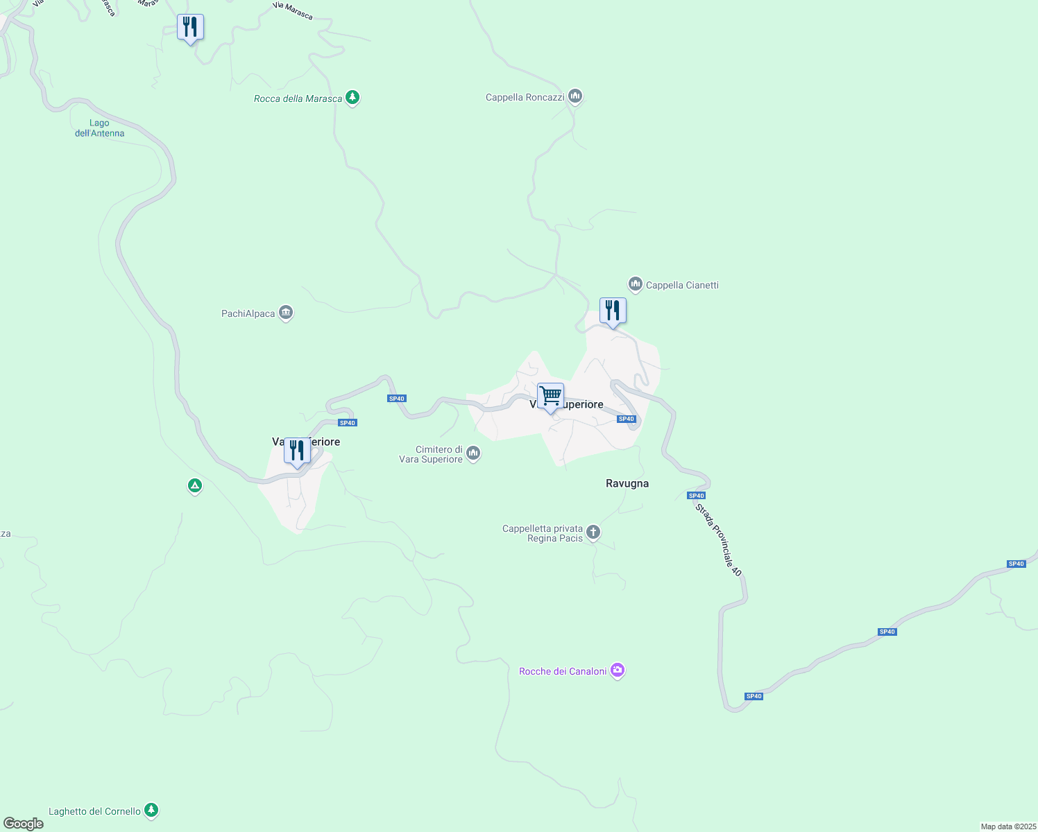 map of restaurants, bars, coffee shops, grocery stores, and more near 79 Via Faiallo in Vara Superiore