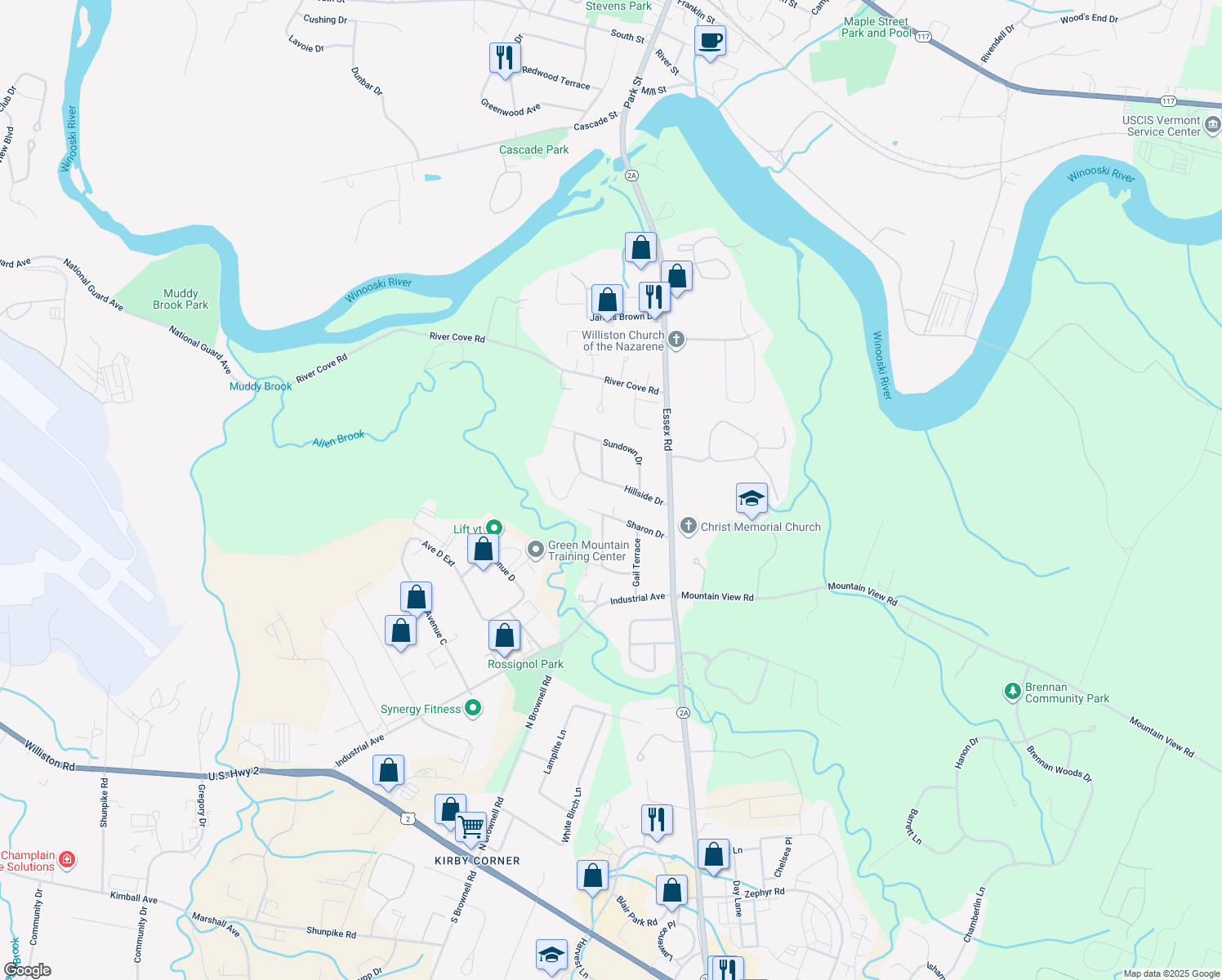 map of restaurants, bars, coffee shops, grocery stores, and more near 163 Hillside Dr in Williston