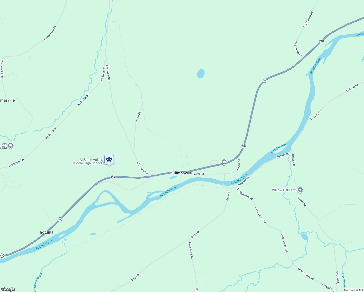 map of restaurants, bars, coffee shops, grocery stores, and more near 42 Sand Hill Rd in Keeseville