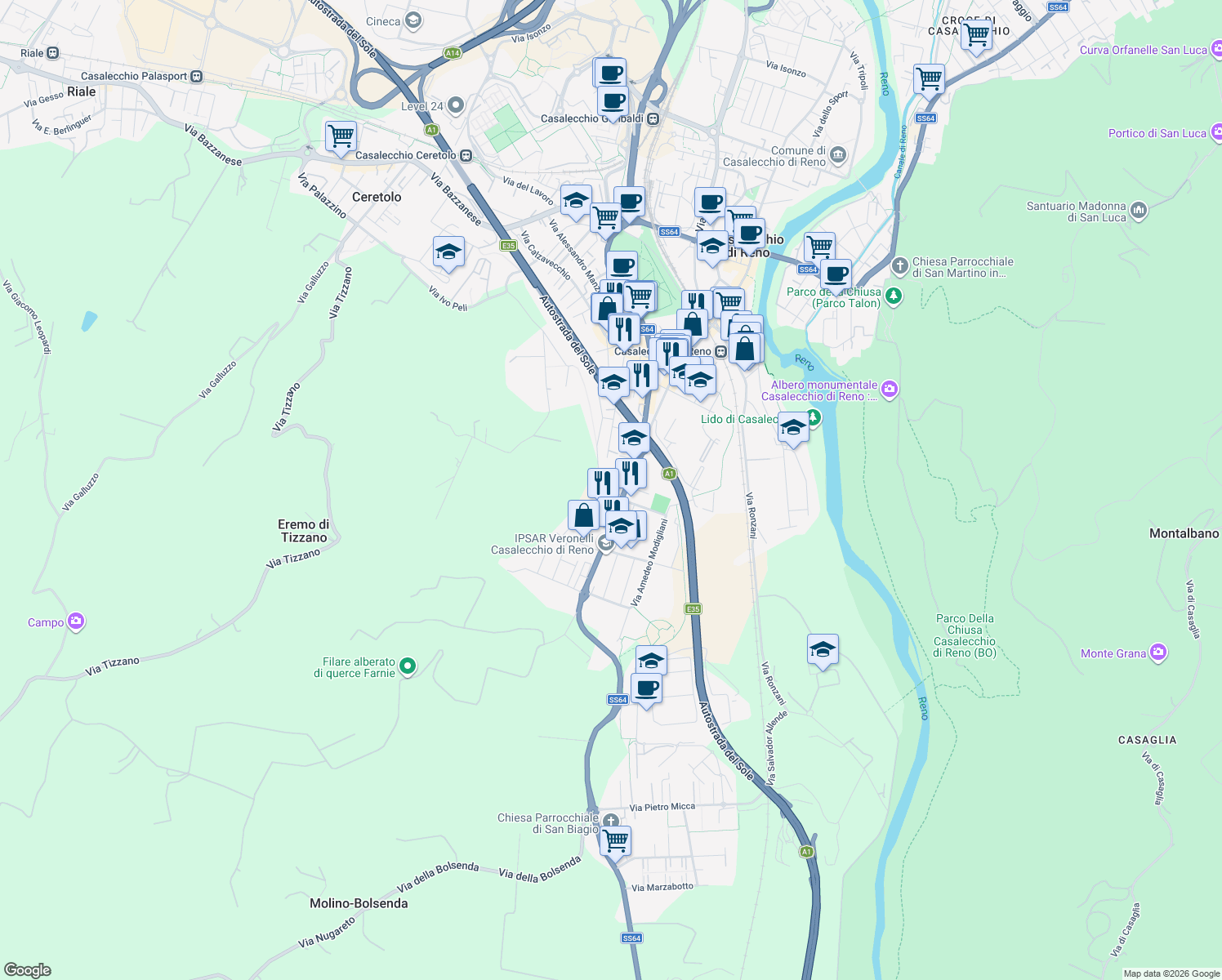 map of restaurants, bars, coffee shops, grocery stores, and more near 4 Via Leonardo Da Vinci in Bologna