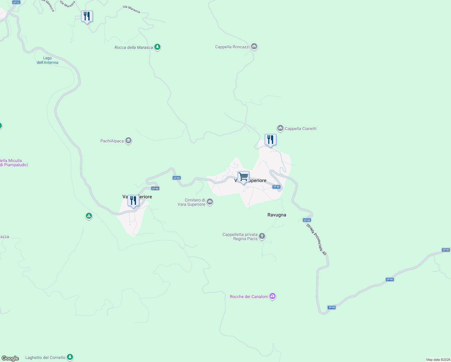 map of restaurants, bars, coffee shops, grocery stores, and more near 79 Via Faiallo in Vara Superiore