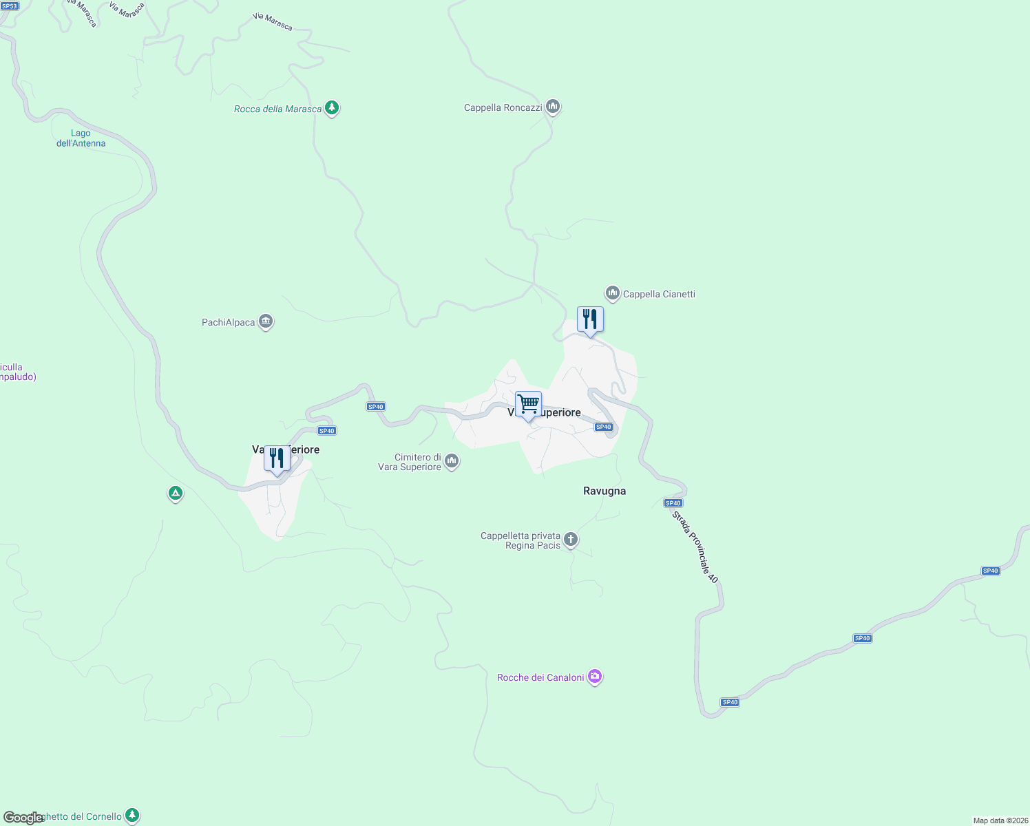 map of restaurants, bars, coffee shops, grocery stores, and more near 86 Via Nostra Signora della Visitazione in Vara Superiore