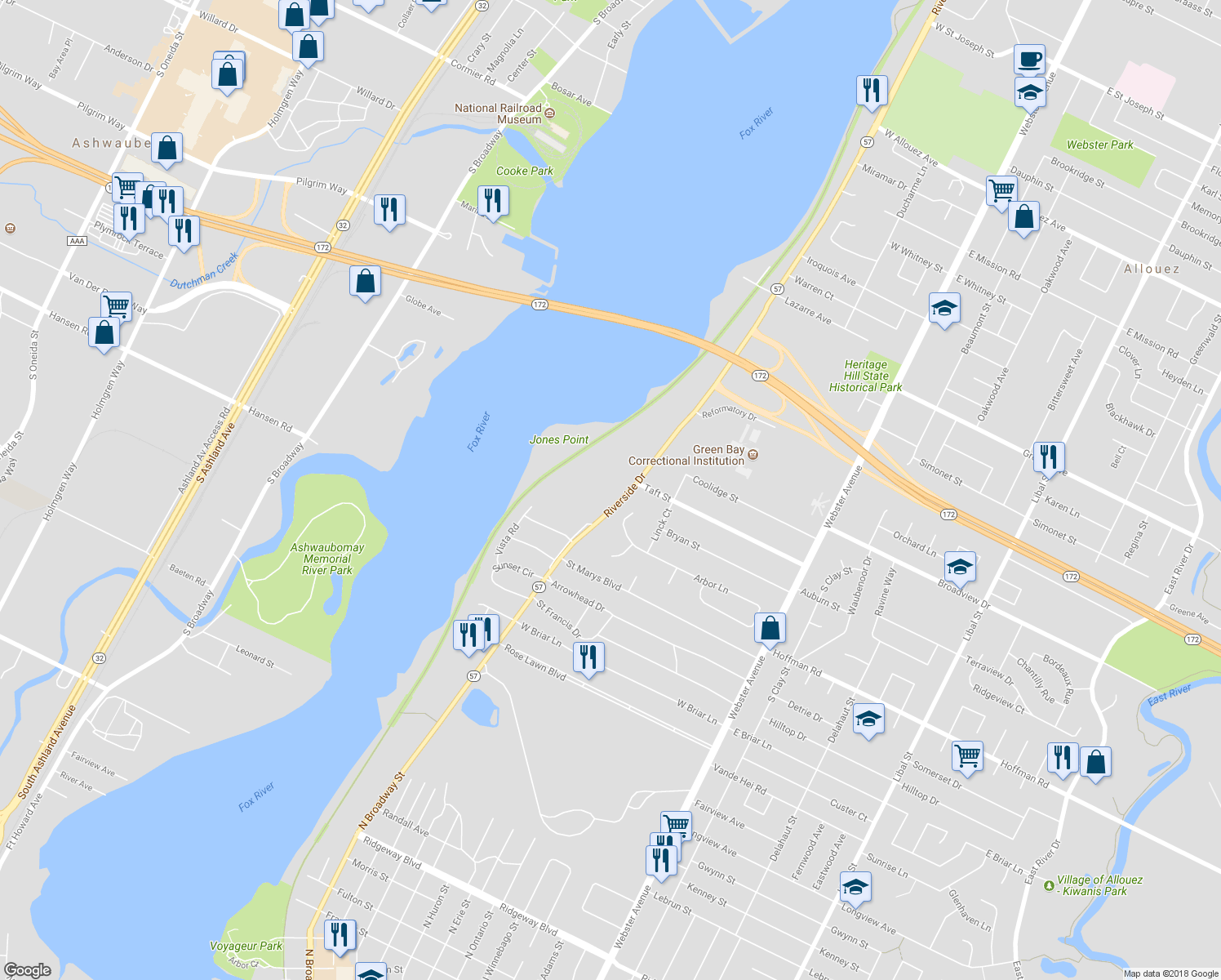 map of restaurants, bars, coffee shops, grocery stores, and more near 3200 Riverside Drive in Green Bay