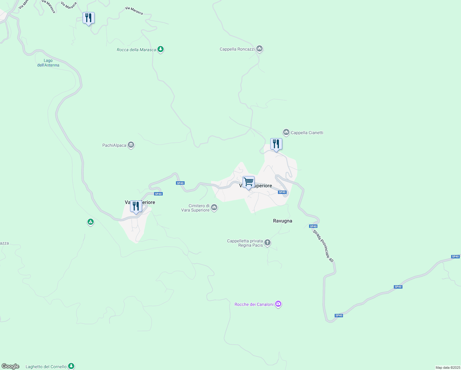 map of restaurants, bars, coffee shops, grocery stores, and more near 79 Via Faiallo in Vara Superiore