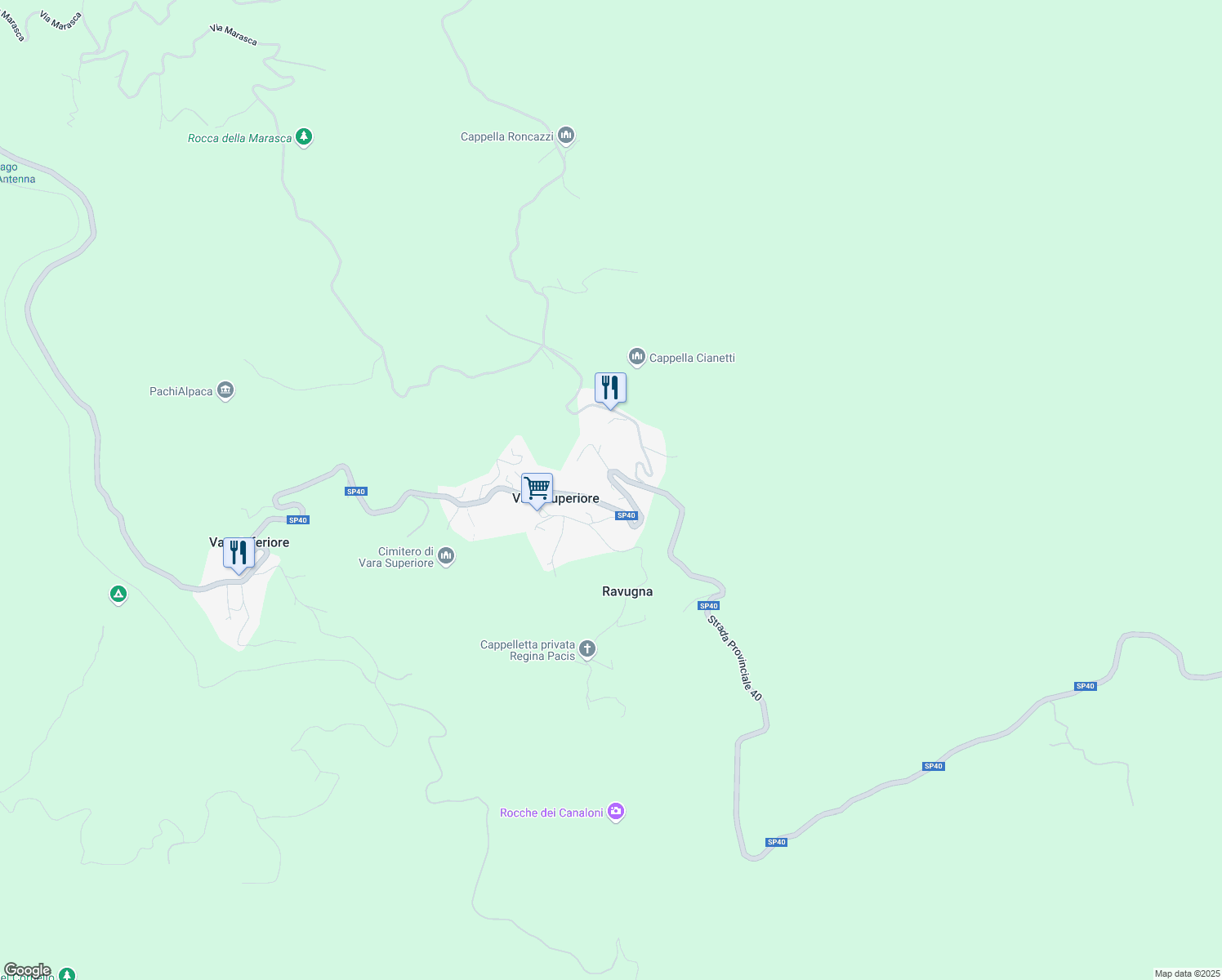 map of restaurants, bars, coffee shops, grocery stores, and more near 97 Via Vassuria in Vara Superiore