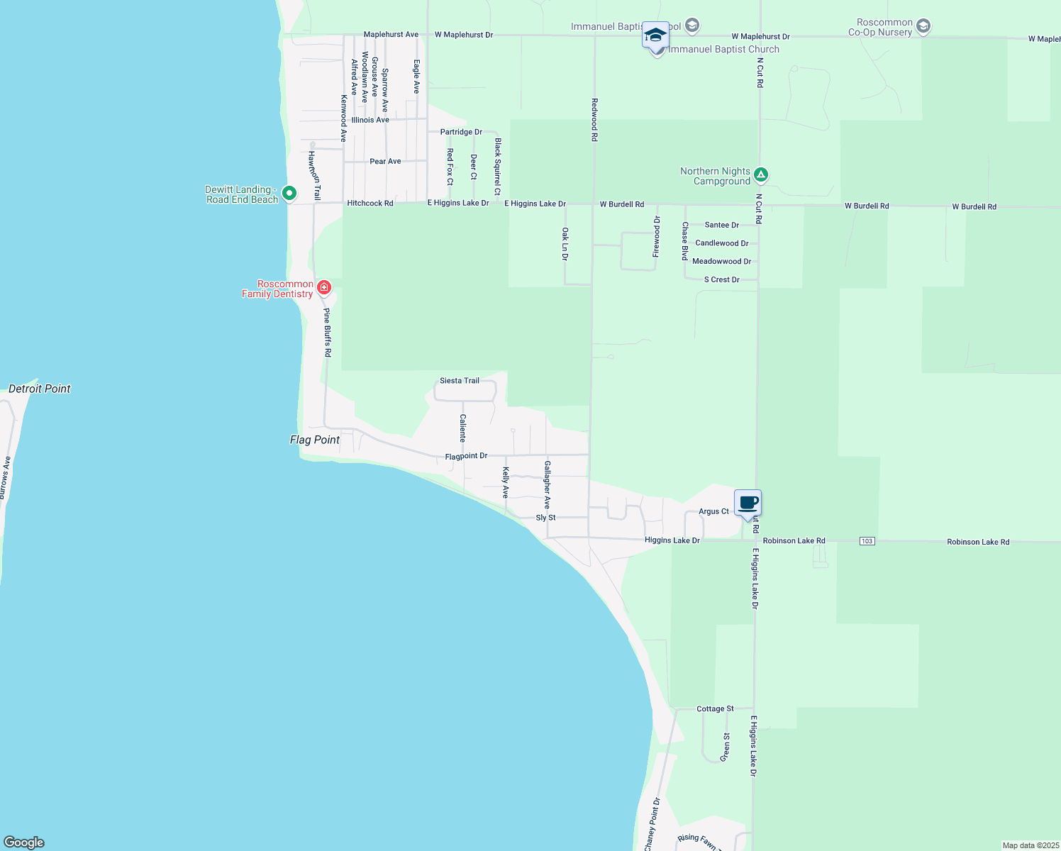 map of restaurants, bars, coffee shops, grocery stores, and more near 211 Dewberry Ln in Roscommon